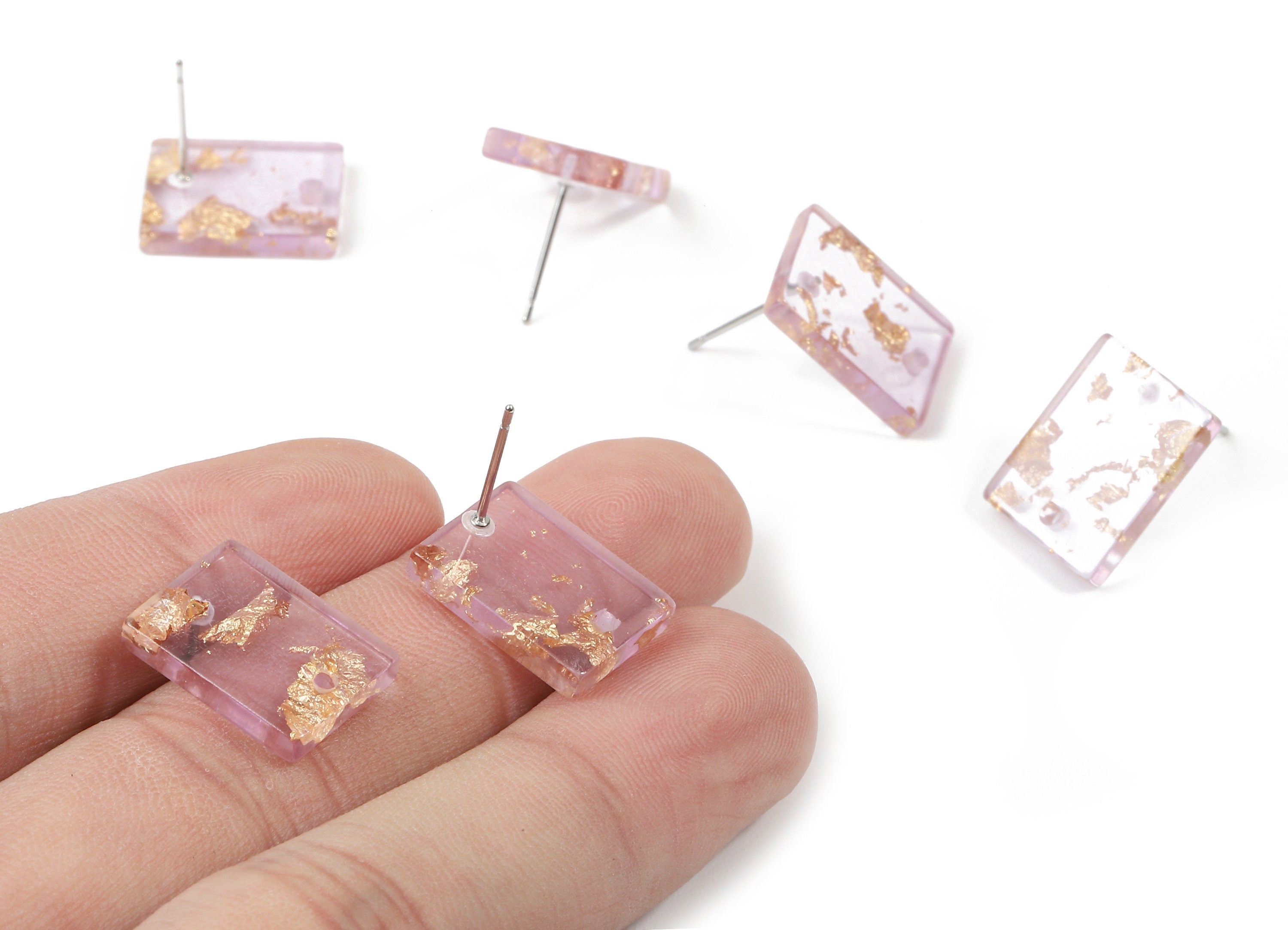 Acetate Rectangle Earring Stud - Gold Foil & Confetti - Rectangle Earring Post and Stud - Color Code: A293 - 15.43x11.72x2.5mm- AC1663-A293 - DOMEDBAZAAR