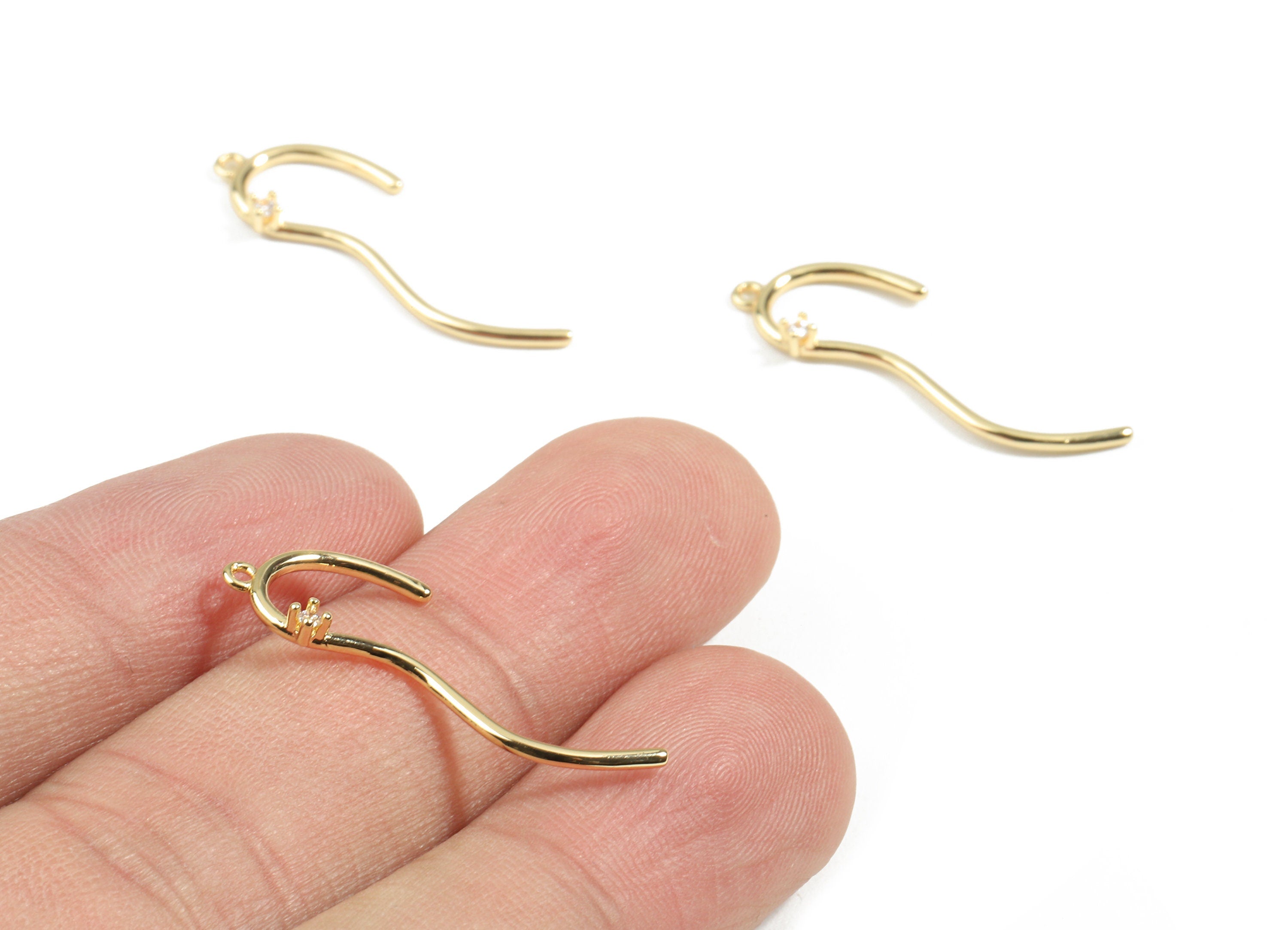 Brass Earring Wires With Loop - Brass Earring Hook With Zircon - 18K Real Gold Plated Brass - Jewelry Supplies - 29.06x9.33x2.88mm - RGP2458 - DOMEDBAZAAR