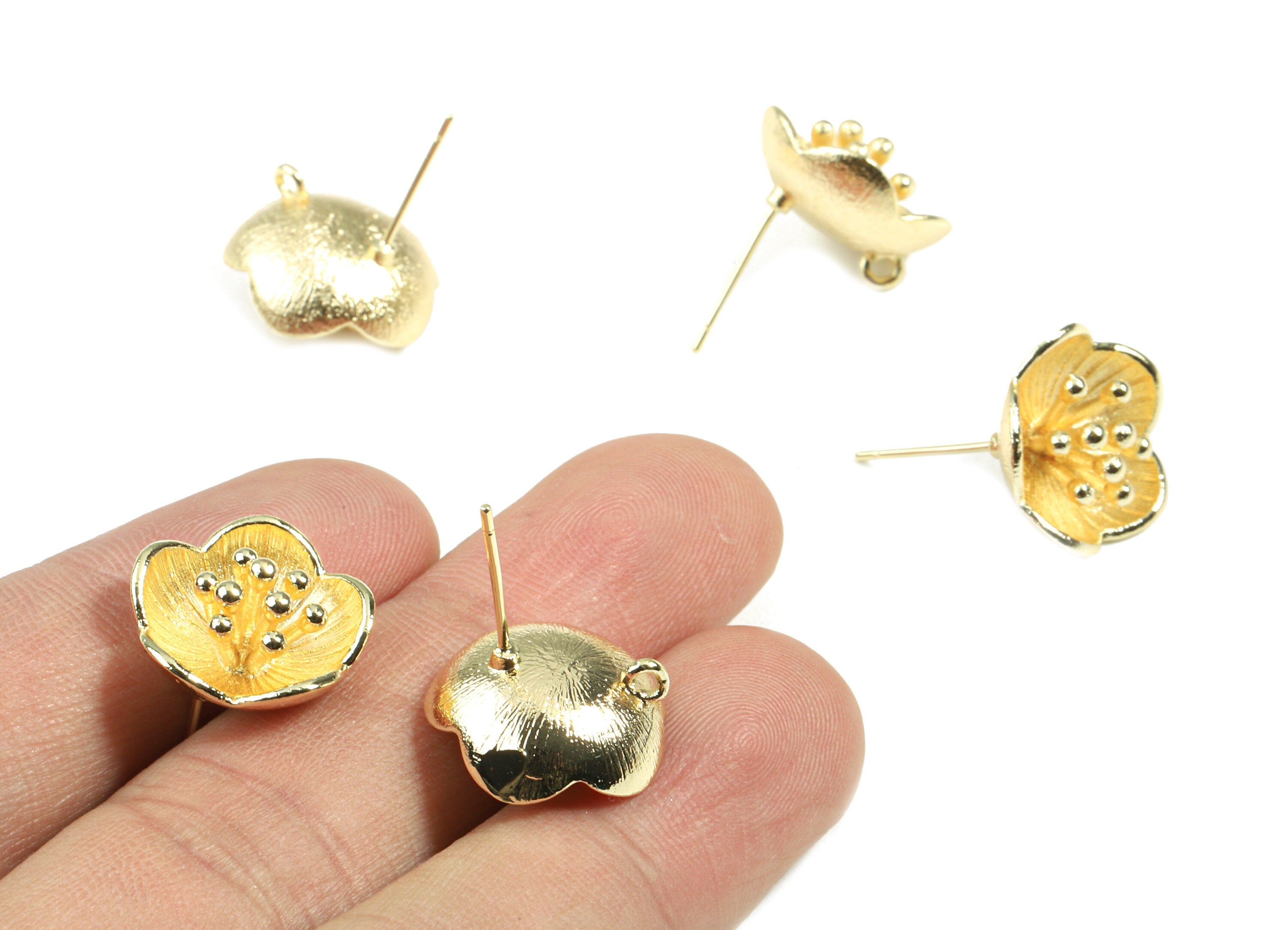 Brass Flower Earring Stud With Loop - Brass Flower Earring Post - 18K Real Gold Plated Brass - Jewelry Supplies - 15.8x15.8x1.88mm - RGP2462 - DOMEDBAZAAR