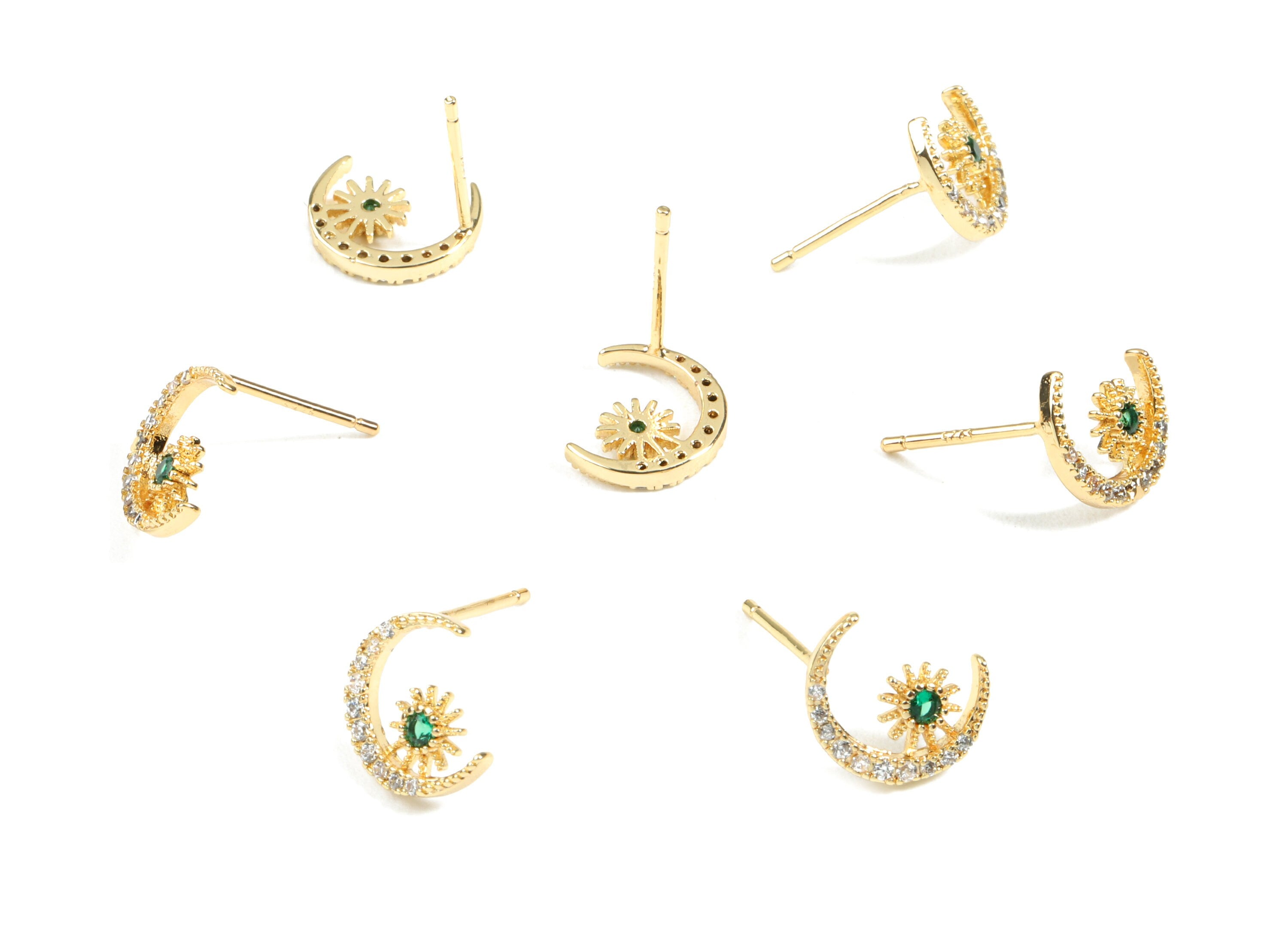 Brass Star and Crescent Earring Stud With Zircons - Brass Crescent Earring Post - 18K Real Gold Plated Brass - 10.69x6.67x1.67mm - RGP2453 - DOMEDBAZAAR