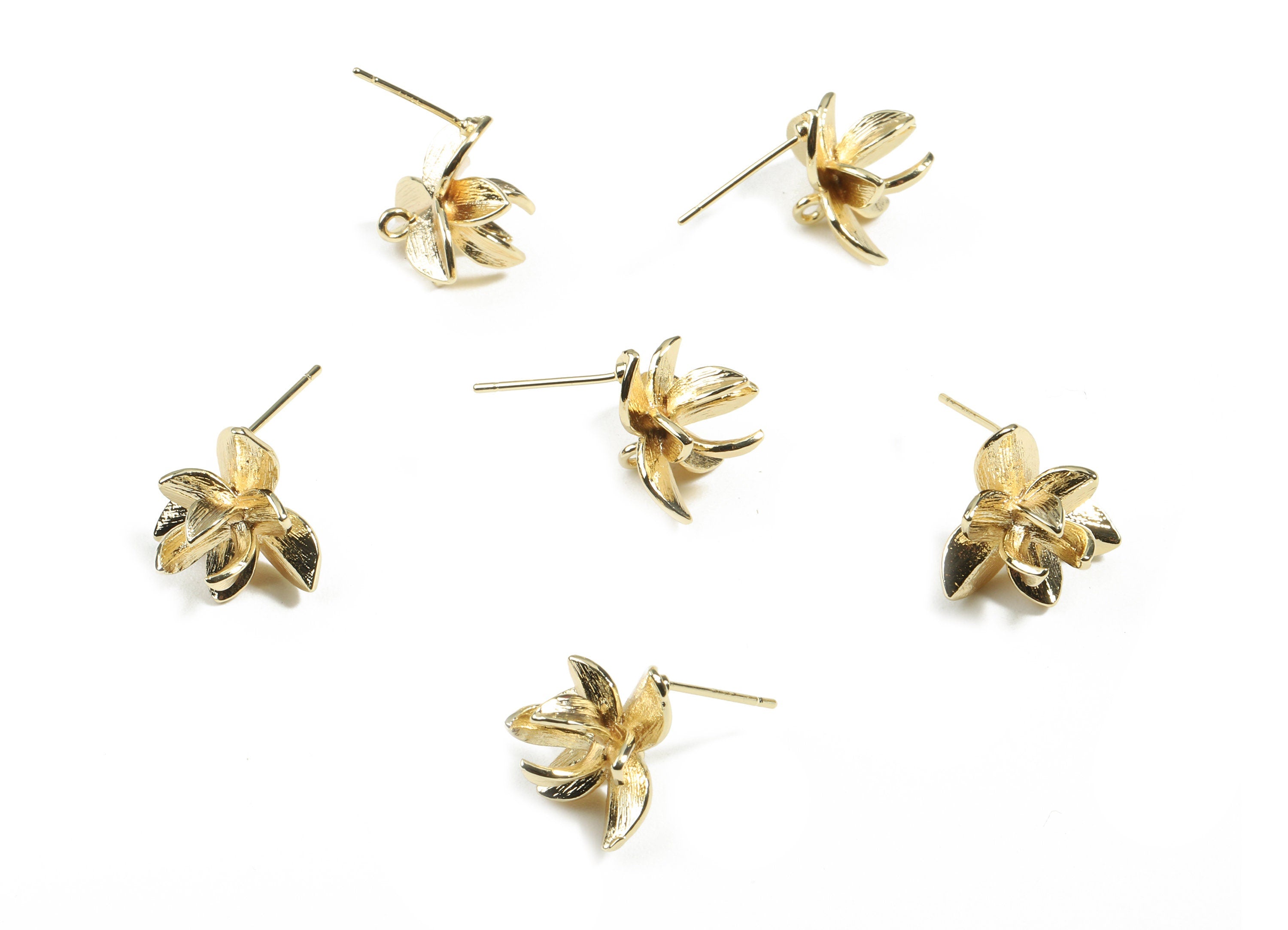 Brass Lotus Figure Earring Stud With Loop - Brass Lotus Figure Earring Post - 18K Real Gold Plated Brass - 13.53x13.53x1.02mm - RGP2459 - DOMEDBAZAAR