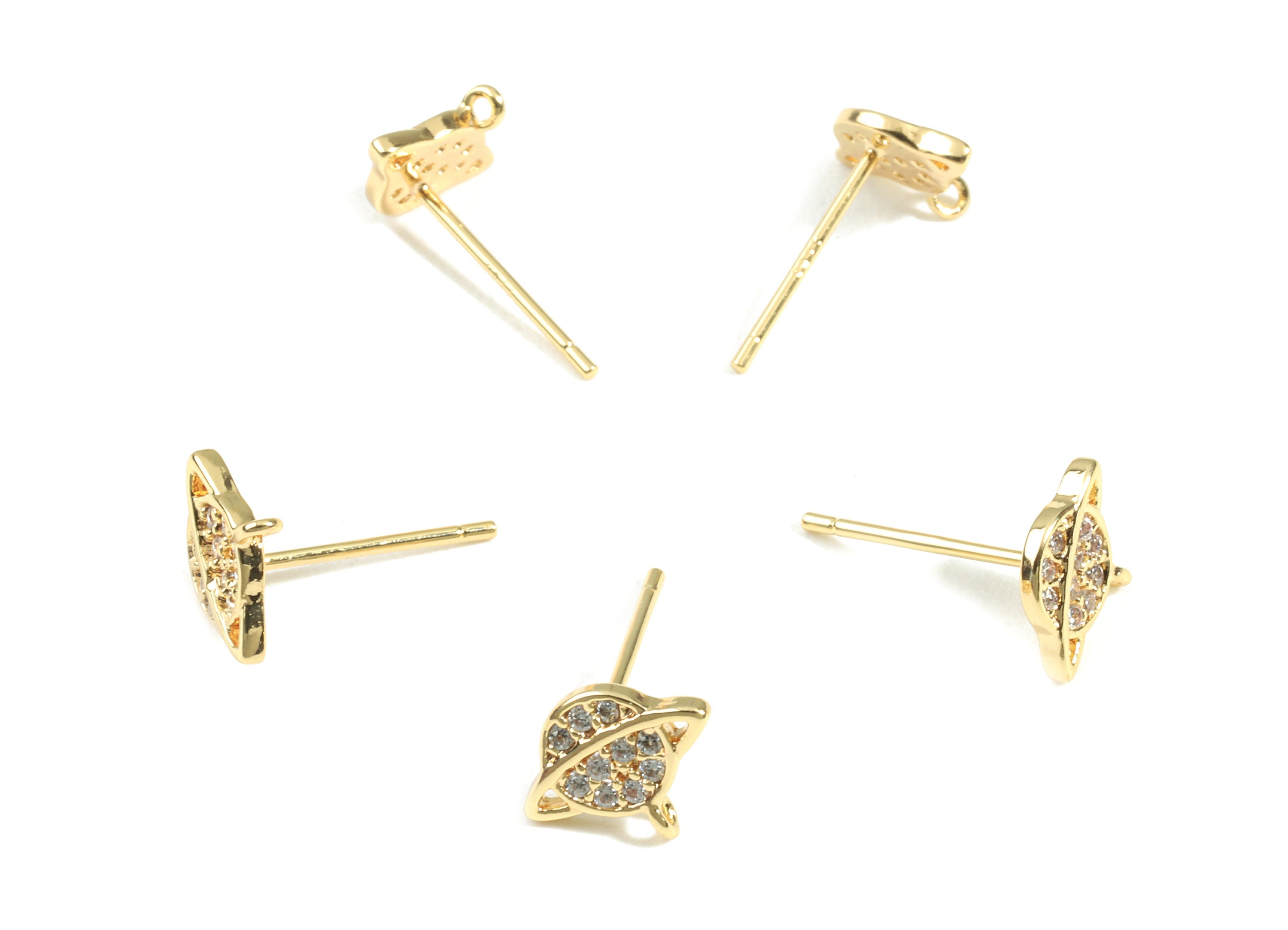 Brass Saturn Earring Stud With Zircons - Brass Saturn Earring Post - 18K Real Gold Plated Brass - Surgical Stud - 9.32x7.49x1.21mm - RGP2400 - DOMEDBAZAAR