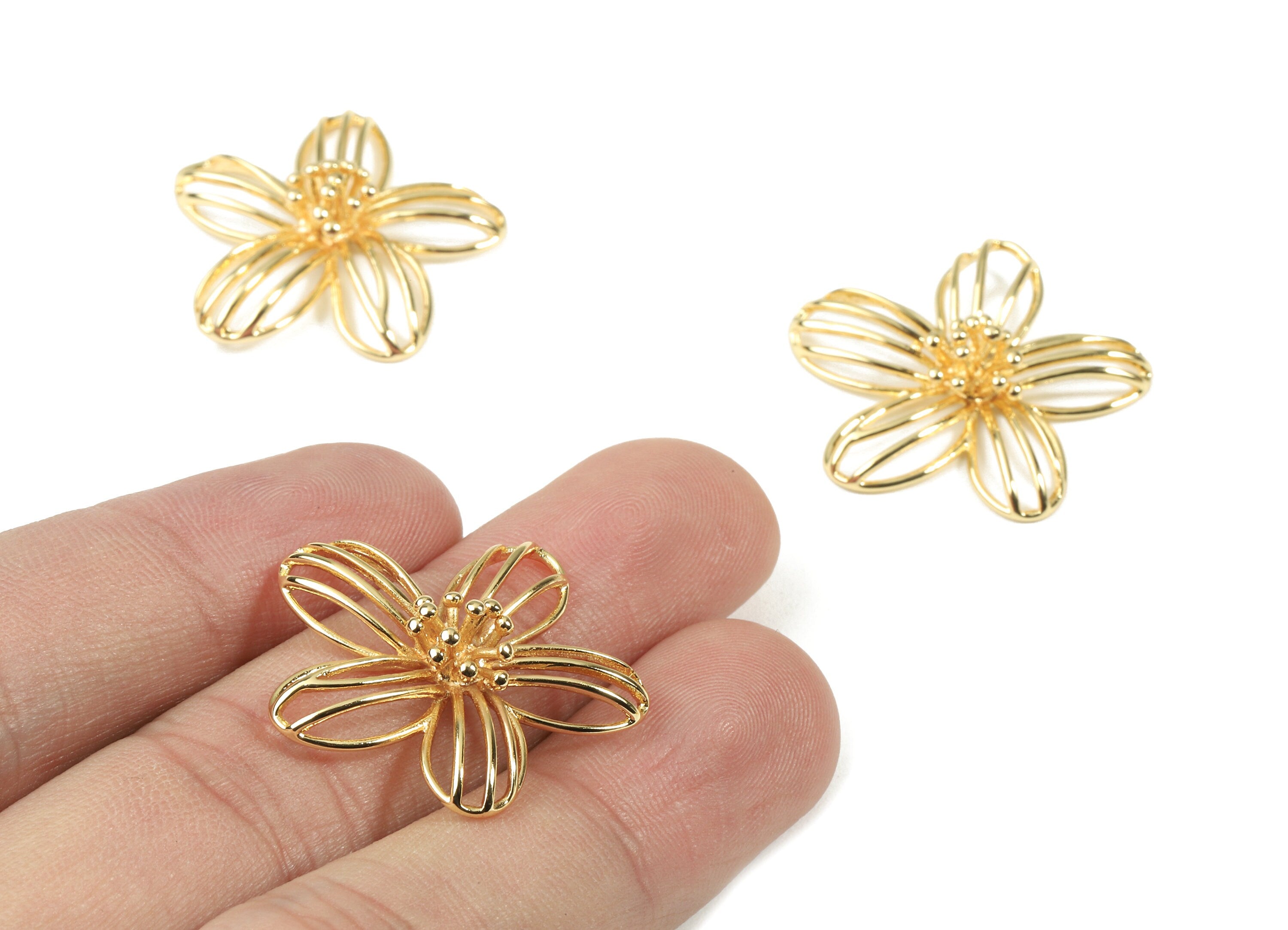 Brass Brooch Charms - Gold Brass Flower Brooch - 18K Real Gold Plated Brass - Jewelry Supplies - 26.79x26.79x6.67mm - RGP2476 - DOMEDBAZAAR