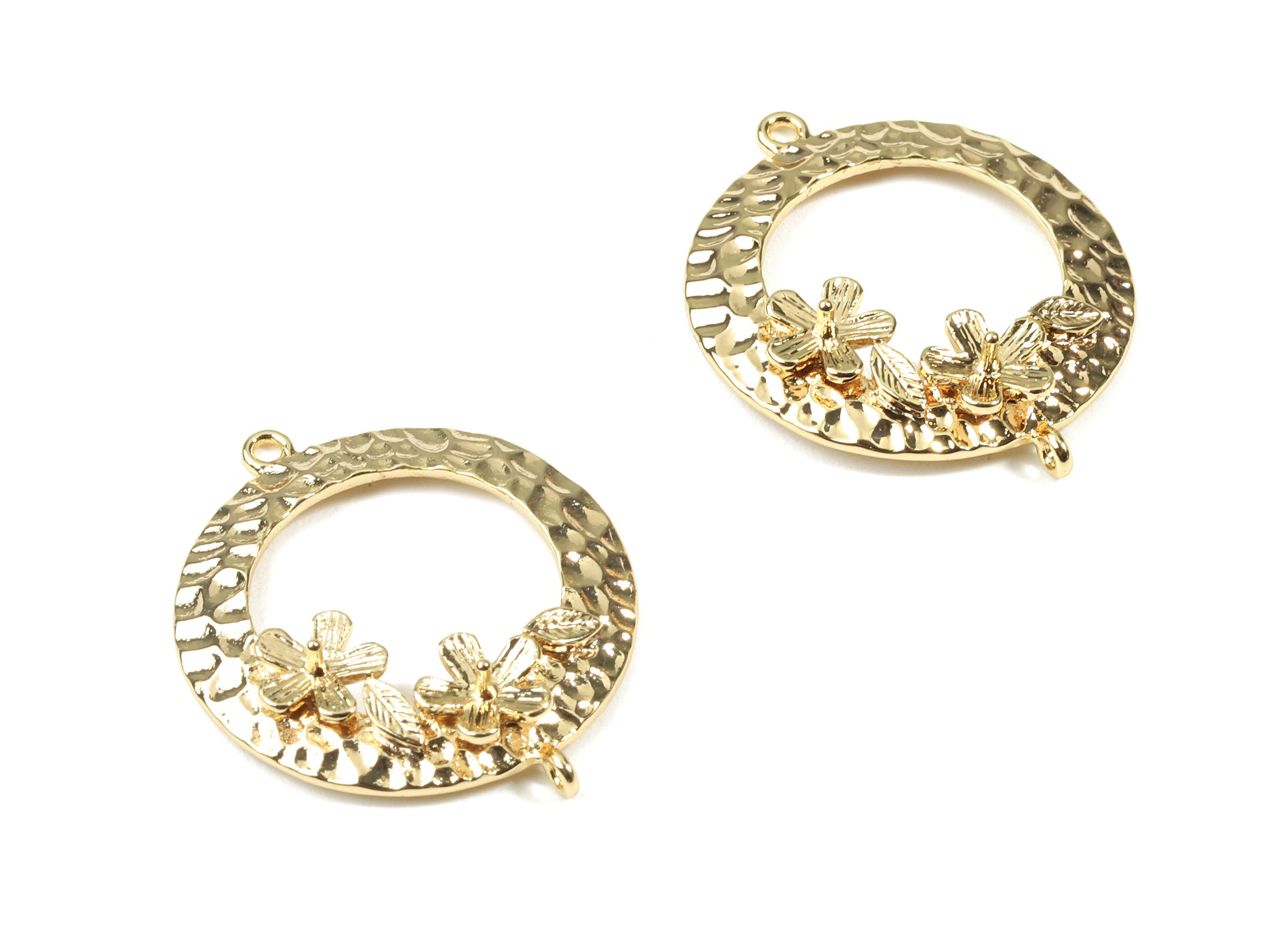 Brass Hammered Round Flower Connector - Gold Flower Earring Charms - 18K Real Gold Plated Brass - 29.36x24.32x5.23mm - RGP2505 - DOMEDBAZAAR