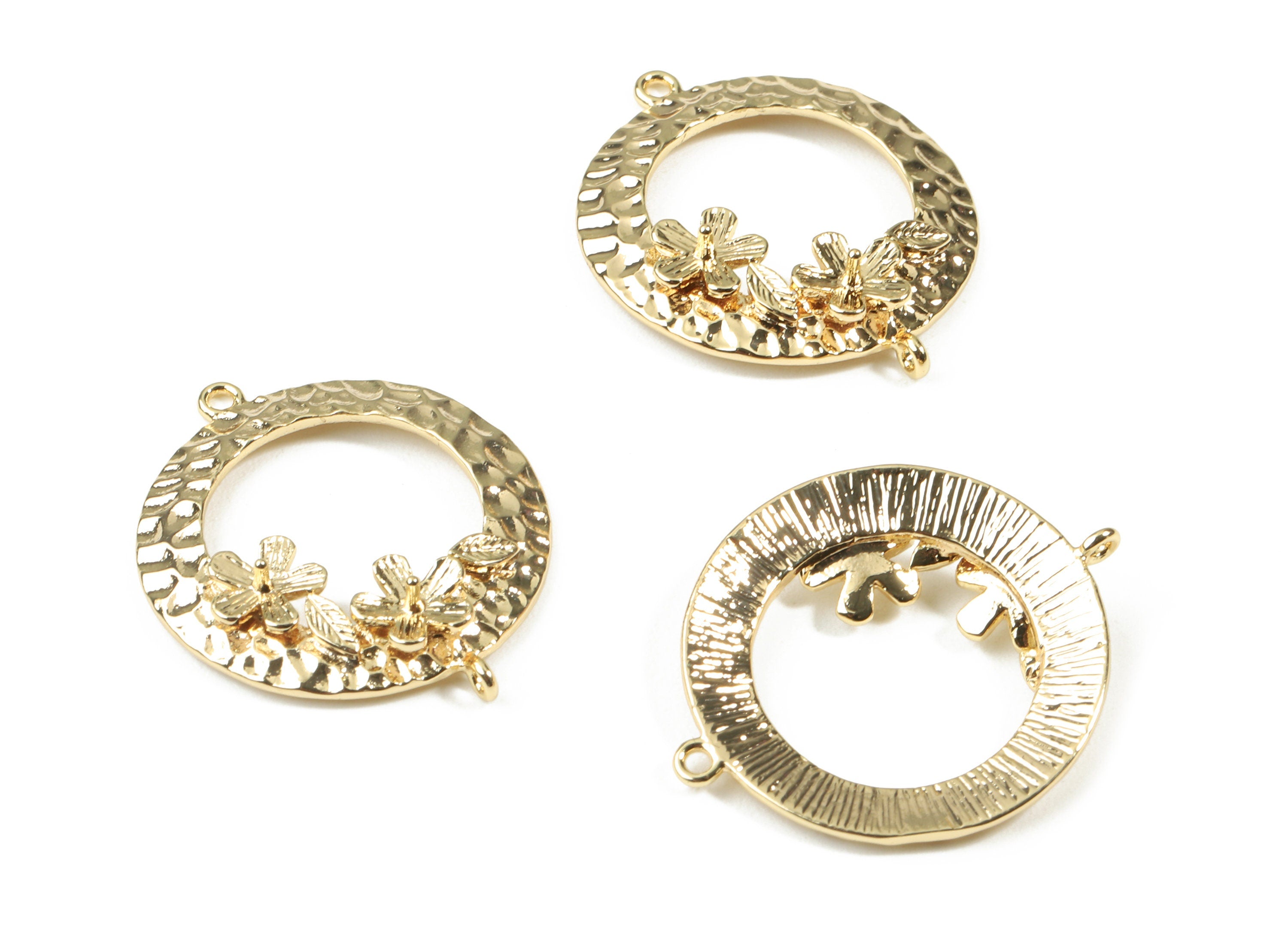 Brass Hammered Round Flower Connector - Gold Flower Earring Charms - 18K Real Gold Plated Brass - 29.36x24.32x5.23mm - RGP2505 - DOMEDBAZAAR