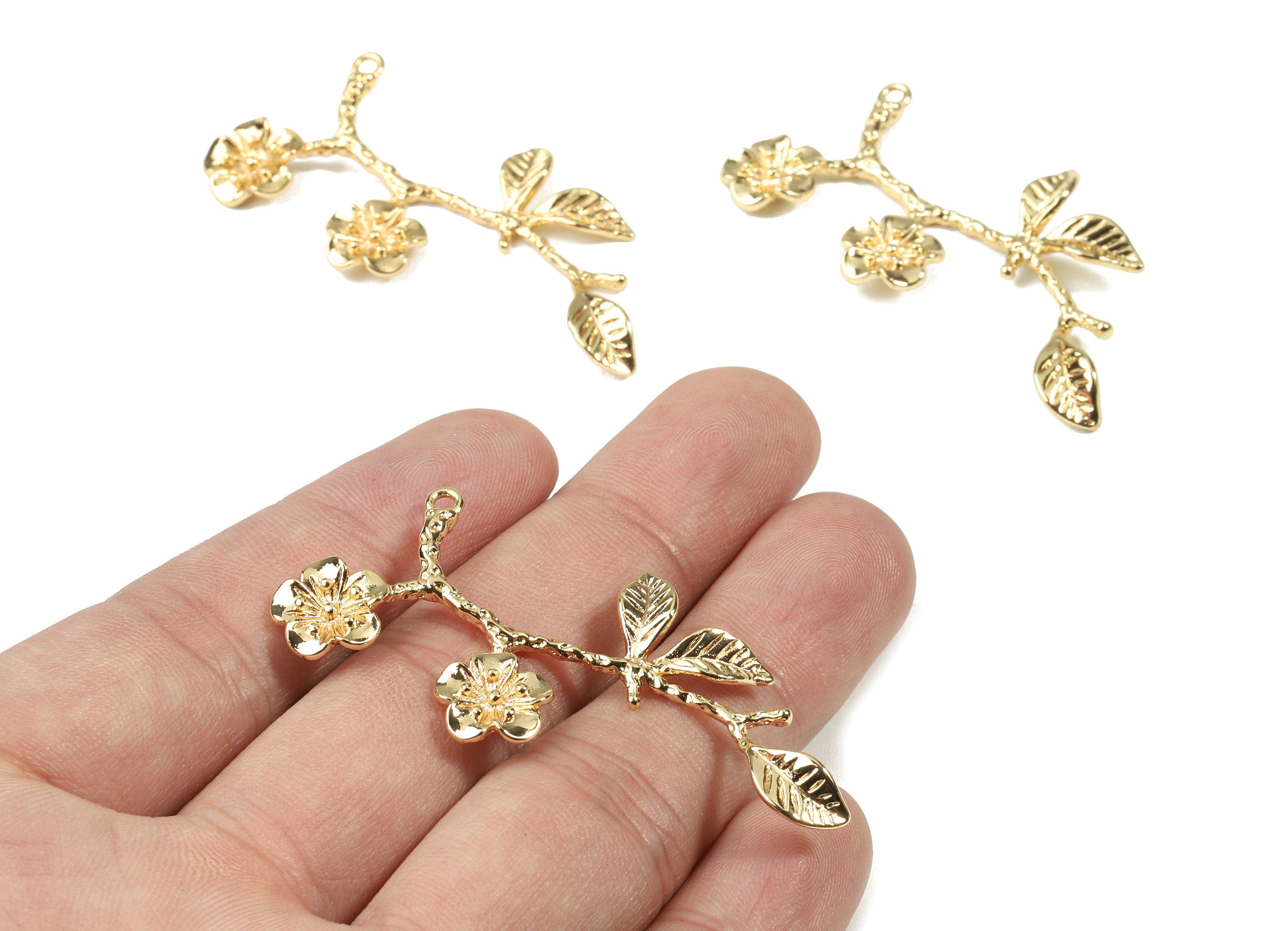 Brass Branch Charms - Gold Flower Earring Charm - 18K Real Gold Plated Brass - Jewelry Supplies - 47.56x25.95x3.44mm - RGP2512 - DOMEDBAZAAR