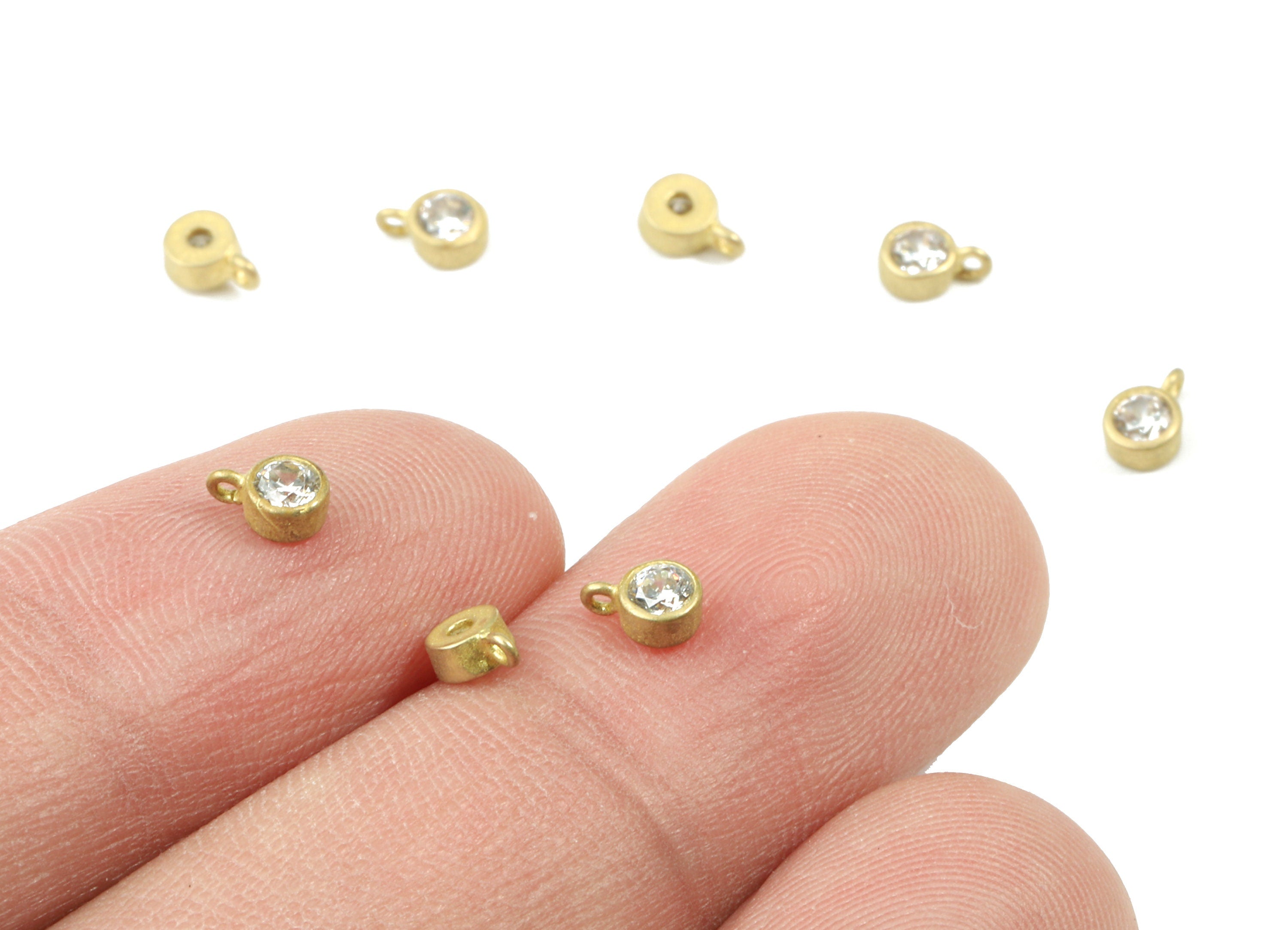 Brass Mini Zircon Earring Charms - Raw Brass Round Bracelet Charm - Earring Findings - Jewellery Supplies - 5.22x3.37x2.17mm - PP3098 - DOMEDBAZAAR