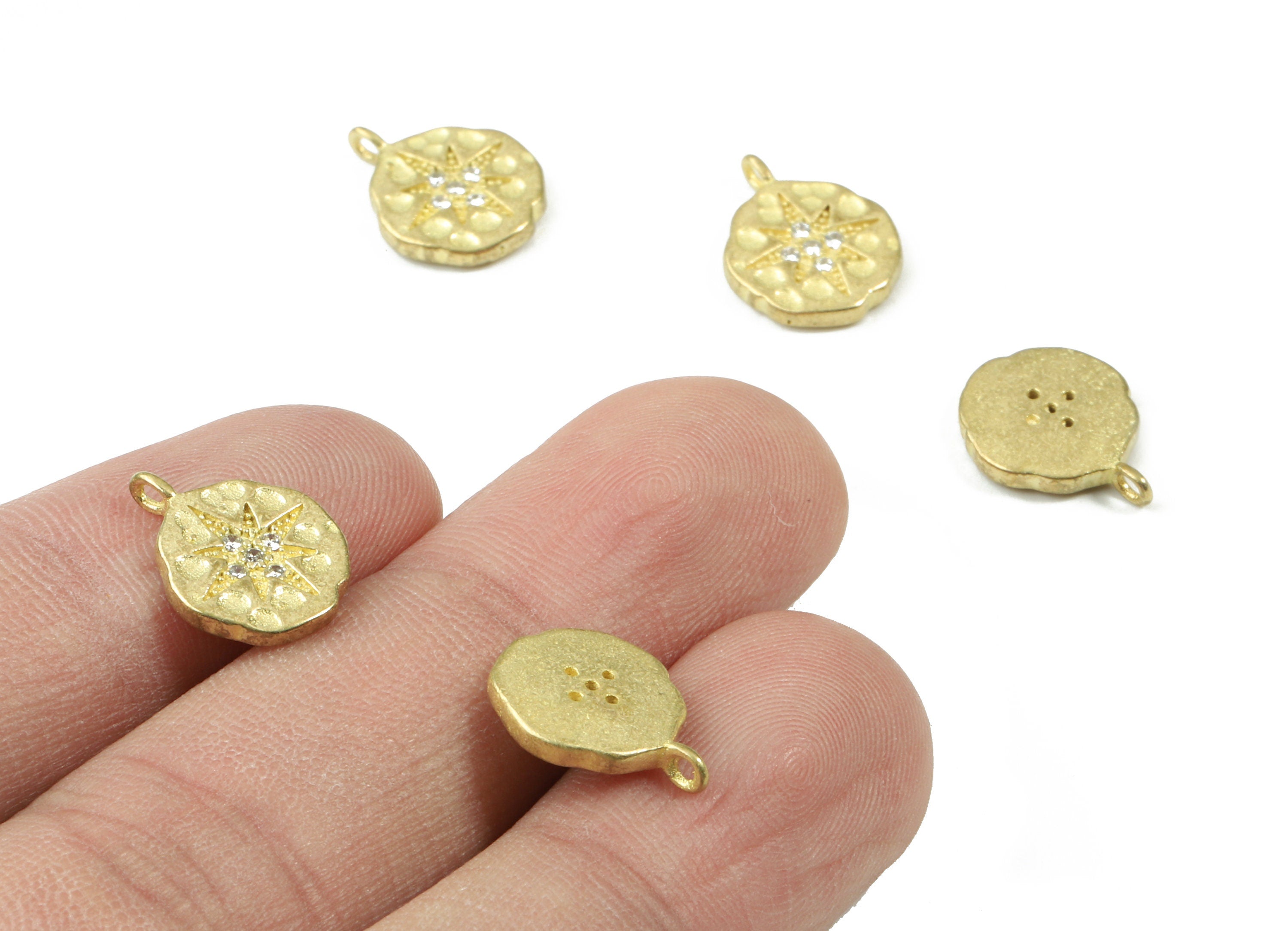 Brass Gold Round Earring Charm With Zincon - Raw Brass Hammered Round Star Pendant - Jewelry Supplies - 13.84x10.6x1.87mm - PP3090 - DOMEDBAZAAR