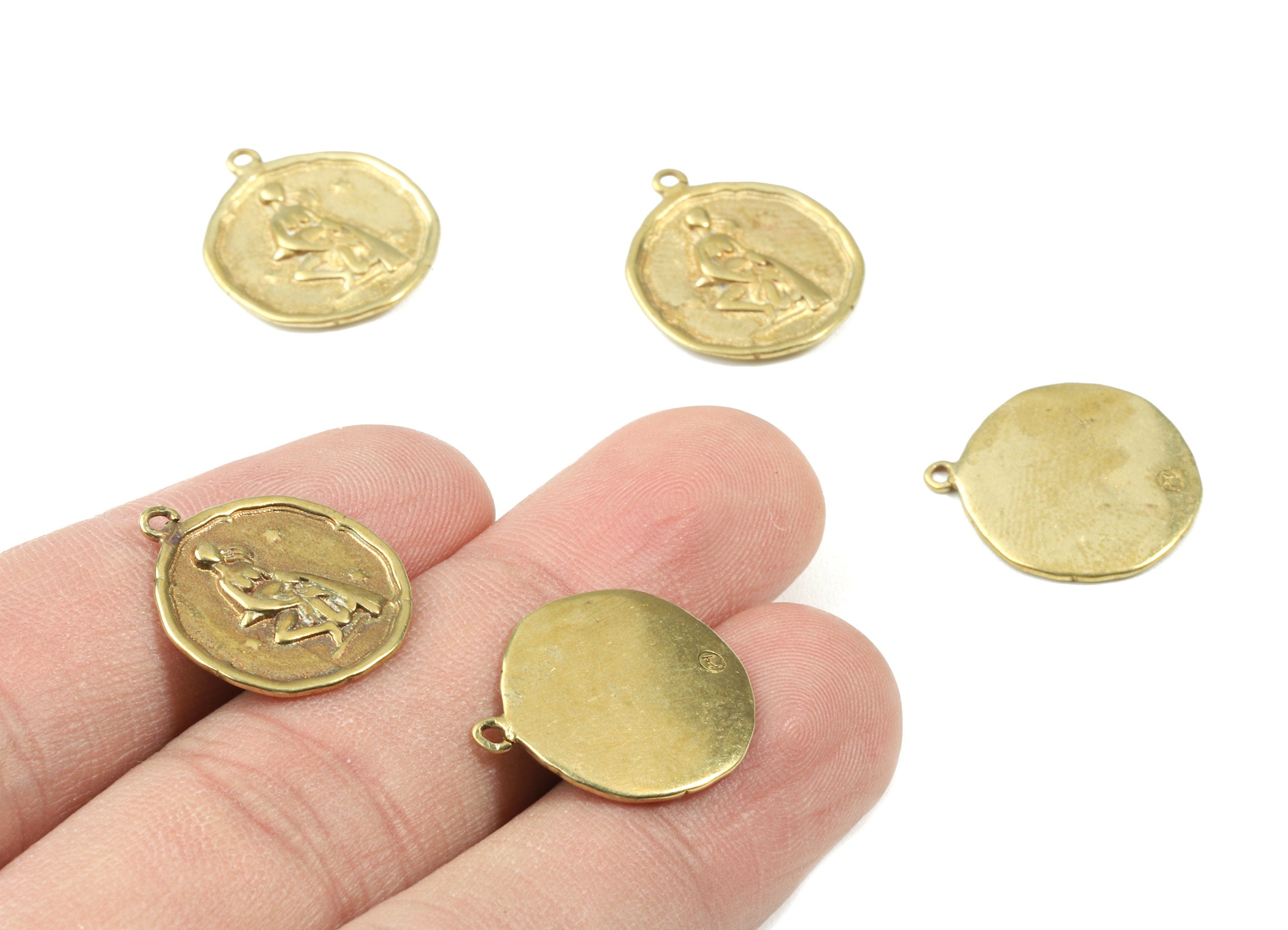 Brass Aquarius Earring Charms - Raw Brass Horoscopes Pendant - Earring Findings - Jewelry Supplies - 19.52x16.92x1.39mm - PP3071 - DOMEDBAZAAR