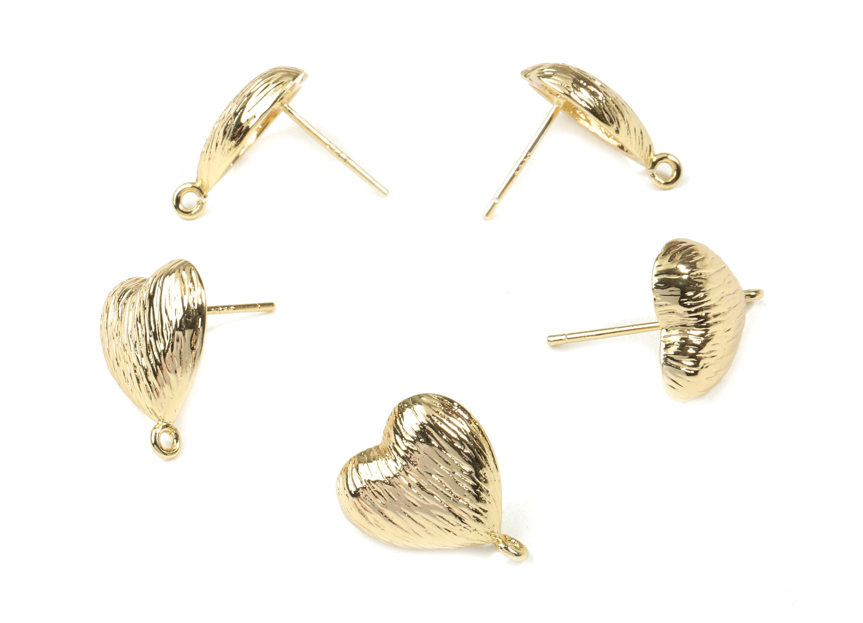 Brass Heart Earring Stud With Loop - Gold Heart Earring Post - 18K Real Gold Plated Brass - Surgical Stud - 15.95x13.03x1.27mm - RGP2543 - DOMEDBAZAAR