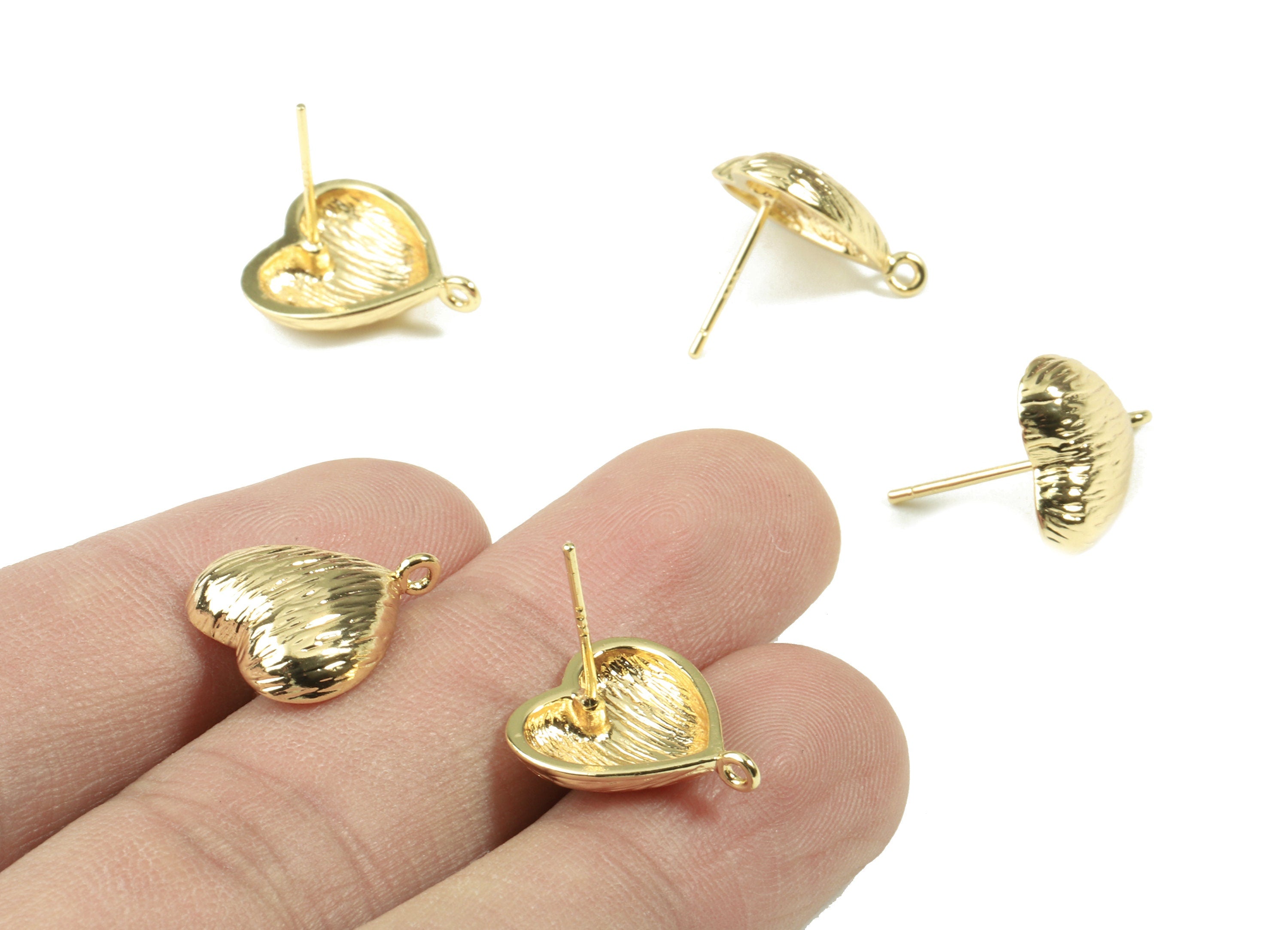 Brass Heart Earring Stud With Loop - Gold Heart Earring Post - 18K Real Gold Plated Brass - Surgical Stud - 15.95x13.03x1.27mm - RGP2543 - DOMEDBAZAAR
