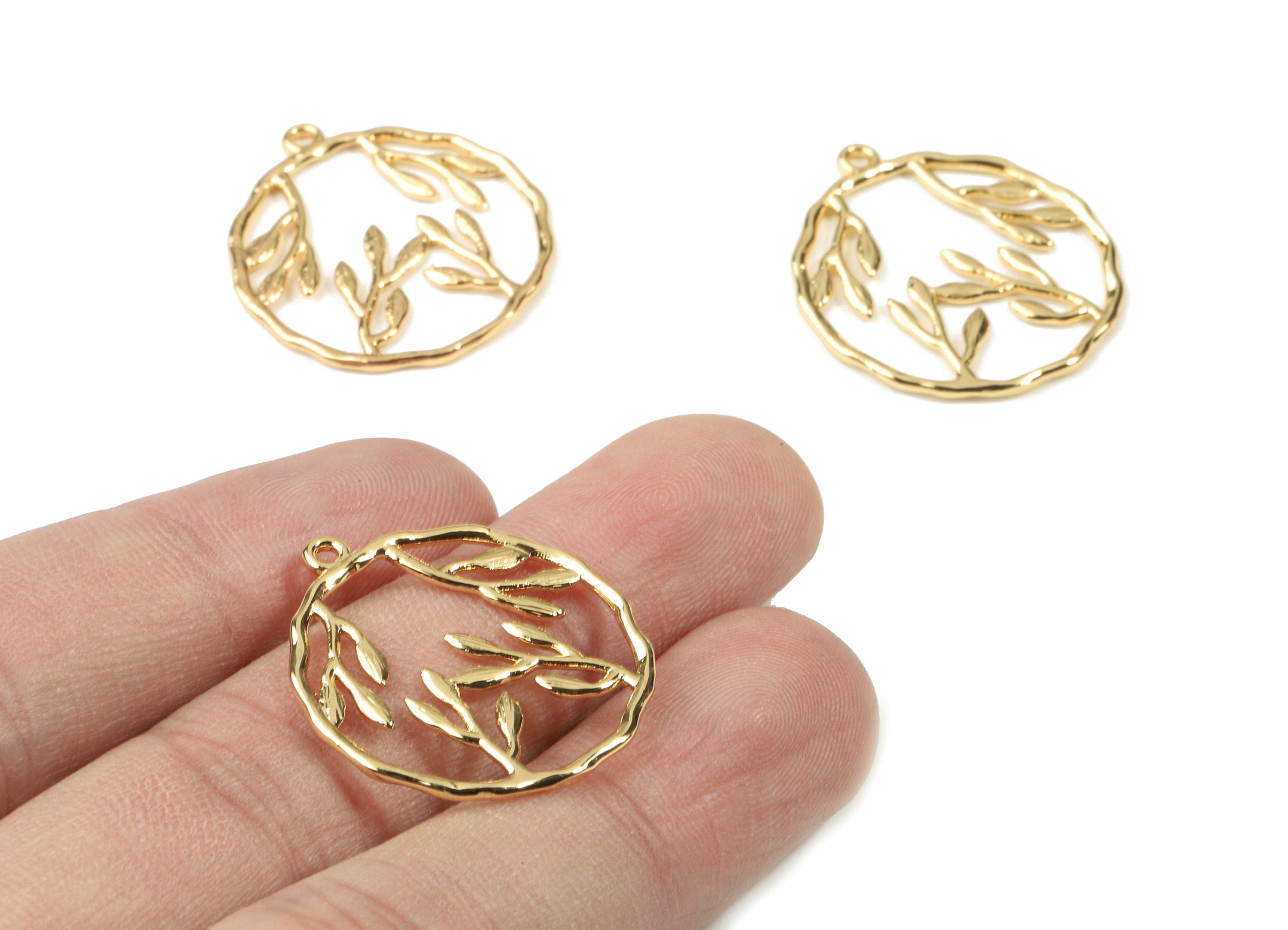 Brass Leaf Round Earring Charms - Gold Leaf Pendant - 18K Real Gold Plated Brass - Jewelry Supplies - 27.42x24.51x1.45mm - RGP2553 - DOMEDBAZAAR