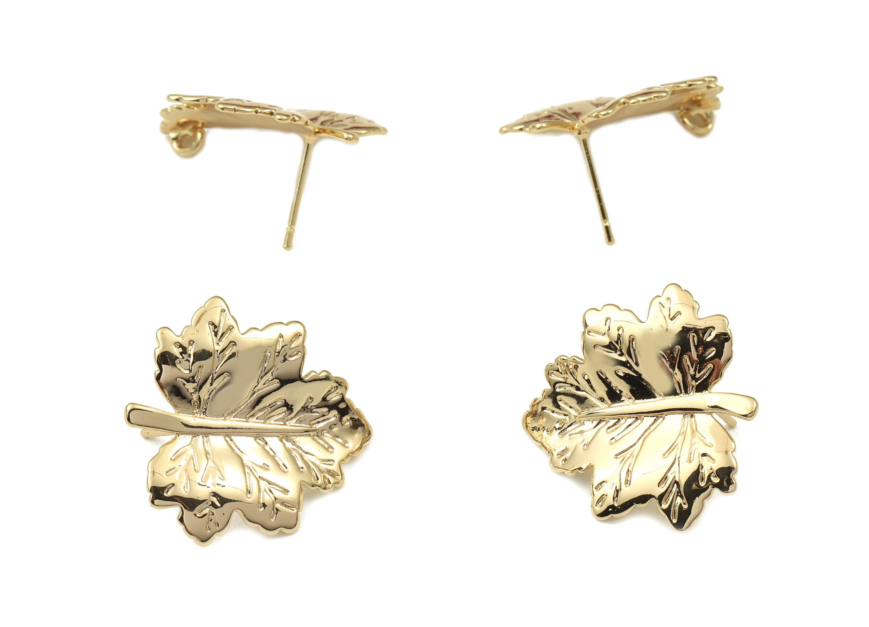 Brass Leaf Earring Stud With Loop - Gold Leaf Earring Post - 18K Real Gold Plated Brass - Surgical Stud - 25.9x23.4x1.02mm - RGP2554 - DOMEDBAZAAR
