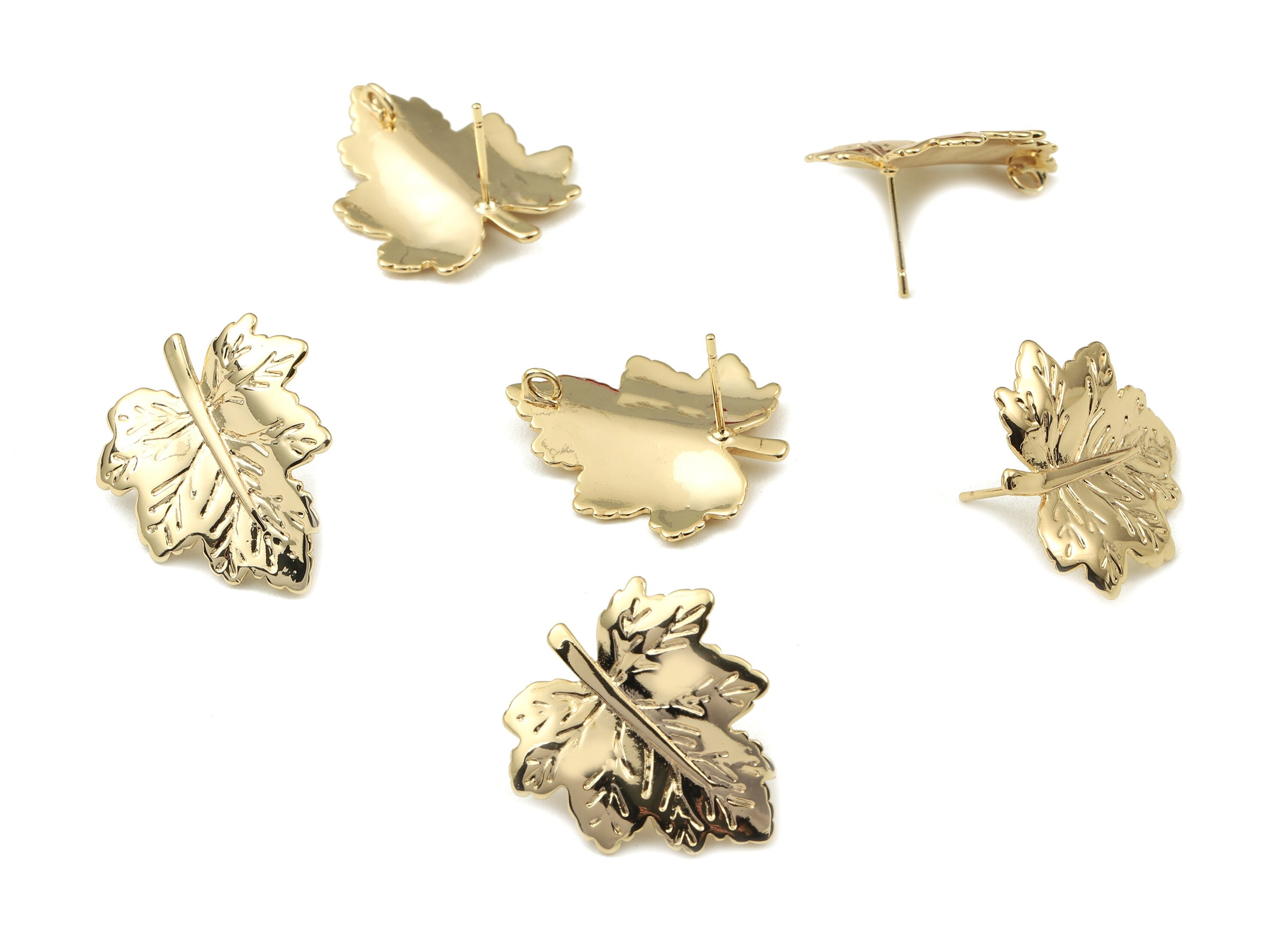 Brass Leaf Earring Stud With Loop - Gold Leaf Earring Post - 18K Real Gold Plated Brass - Surgical Stud - 25.9x23.4x1.02mm - RGP2554 - DOMEDBAZAAR