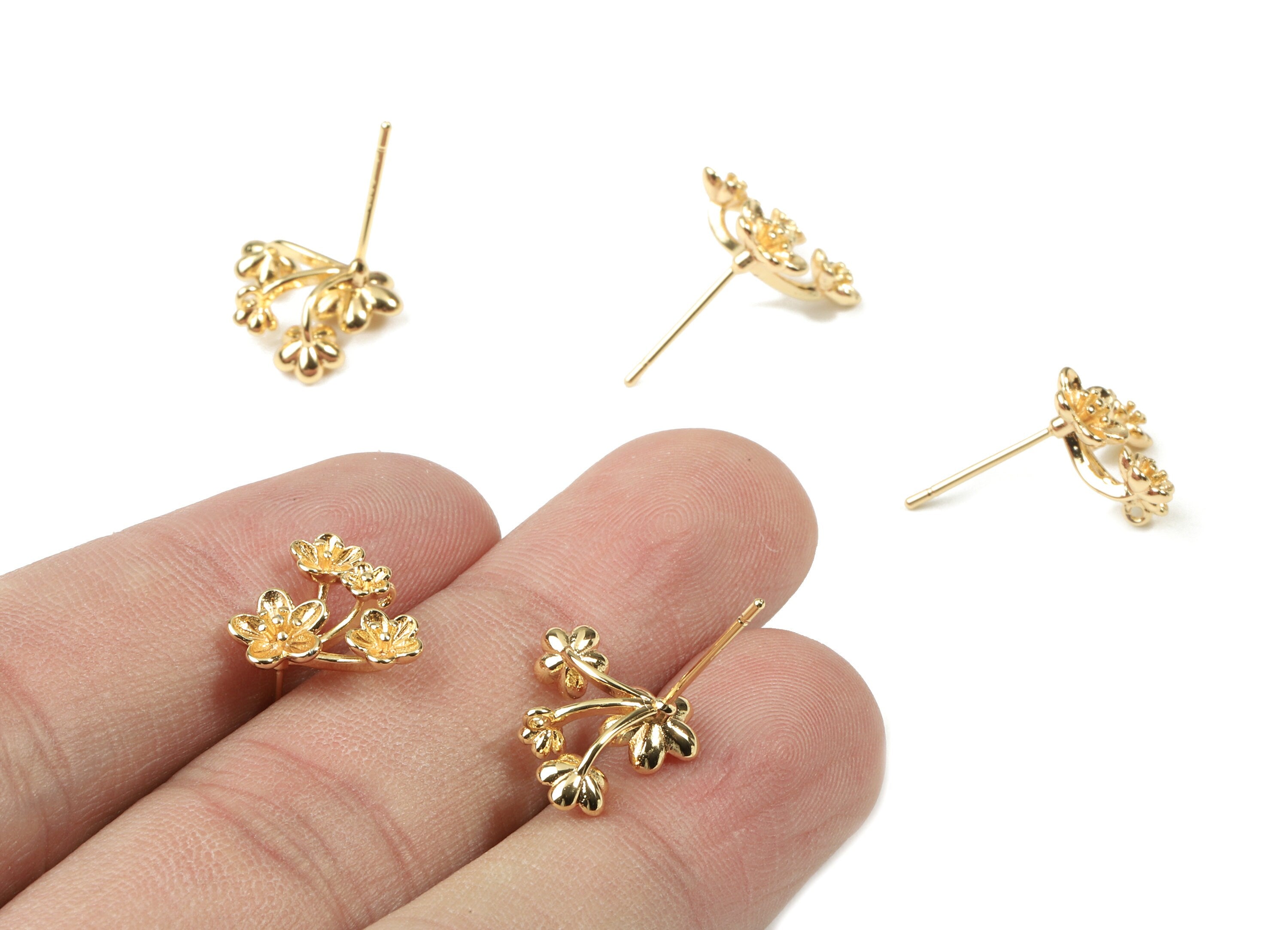 Brass Flower Earring Stud With Loop - Gold Flower Earring Post - 18K Real Gold Plated Brass - Surgical Stud - 15.05x12.53x4.43mm - RGP2566 - DOMEDBAZAAR