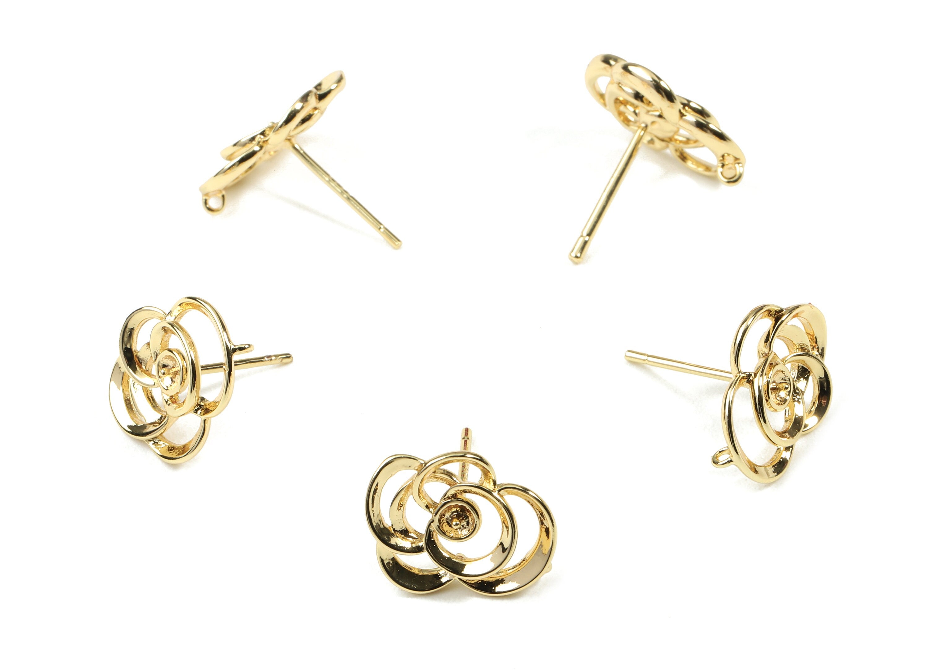 Brass Flower Earring Stud With Loop - Gold Flower Earring Post - 18K Real Gold Plated Brass - Surgical Stud - 14.13x11.46x2.13mm - RGP2569 - DOMEDBAZAAR