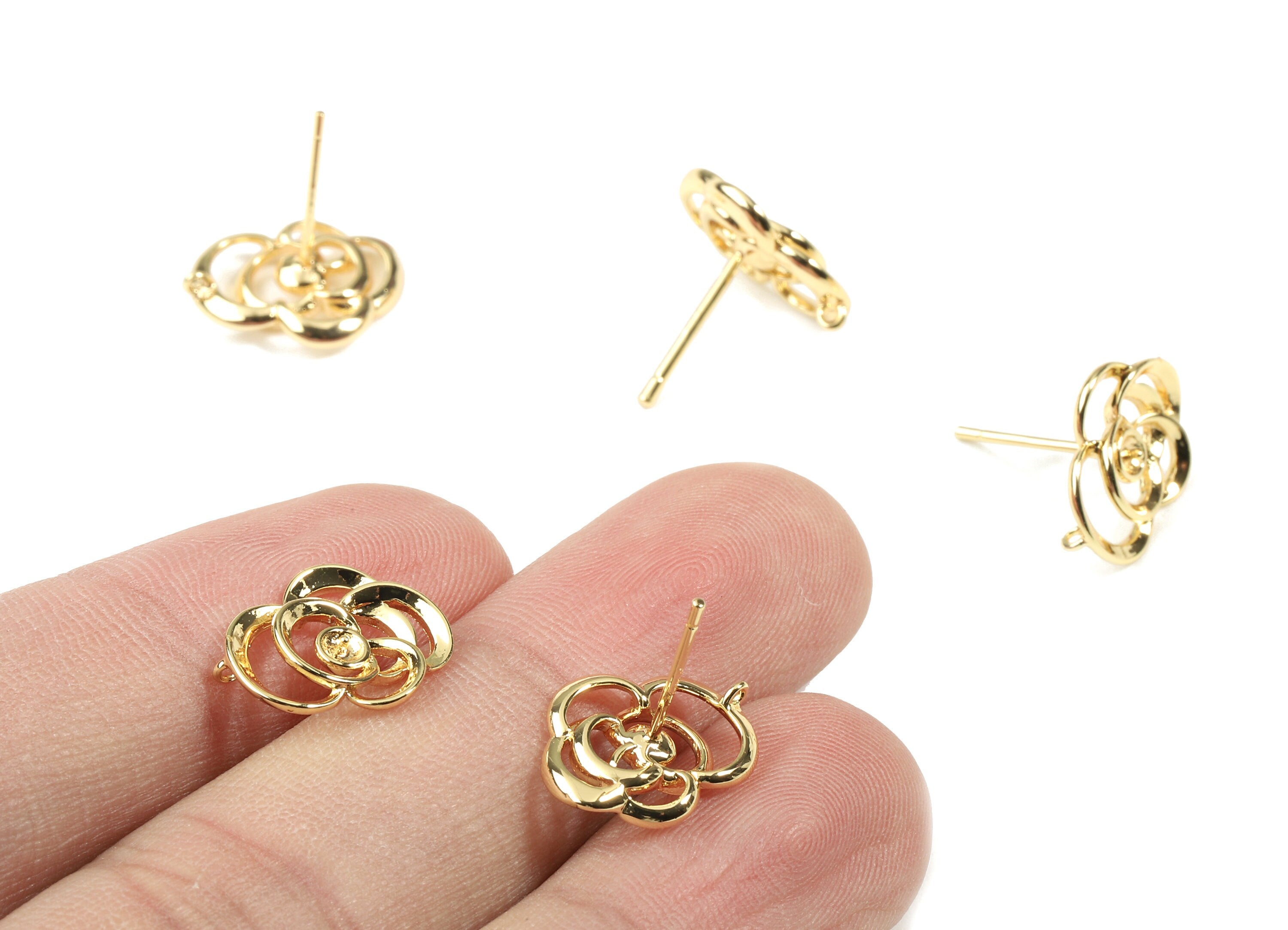 Brass Flower Earring Stud With Loop - Gold Flower Earring Post - 18K Real Gold Plated Brass - Surgical Stud - 14.13x11.46x2.13mm - RGP2569 - DOMEDBAZAAR