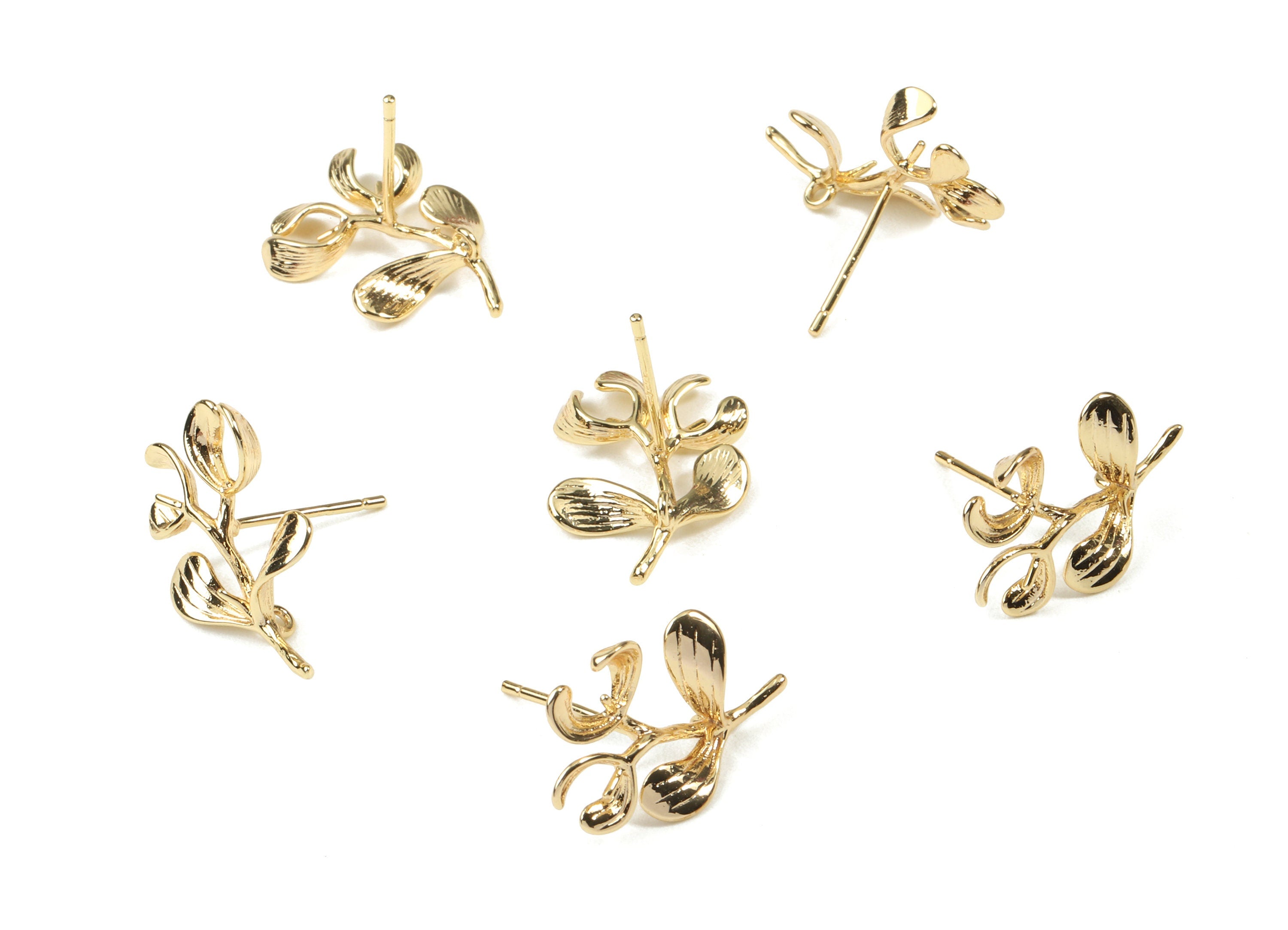Brass Flower Earring Stud With Loop - Gold Flower Earring Post - 18K Real Gold Plated Brass - Surgical Stud - 20.21x13.01x0.93mm - RGP2567 - DOMEDBAZAAR