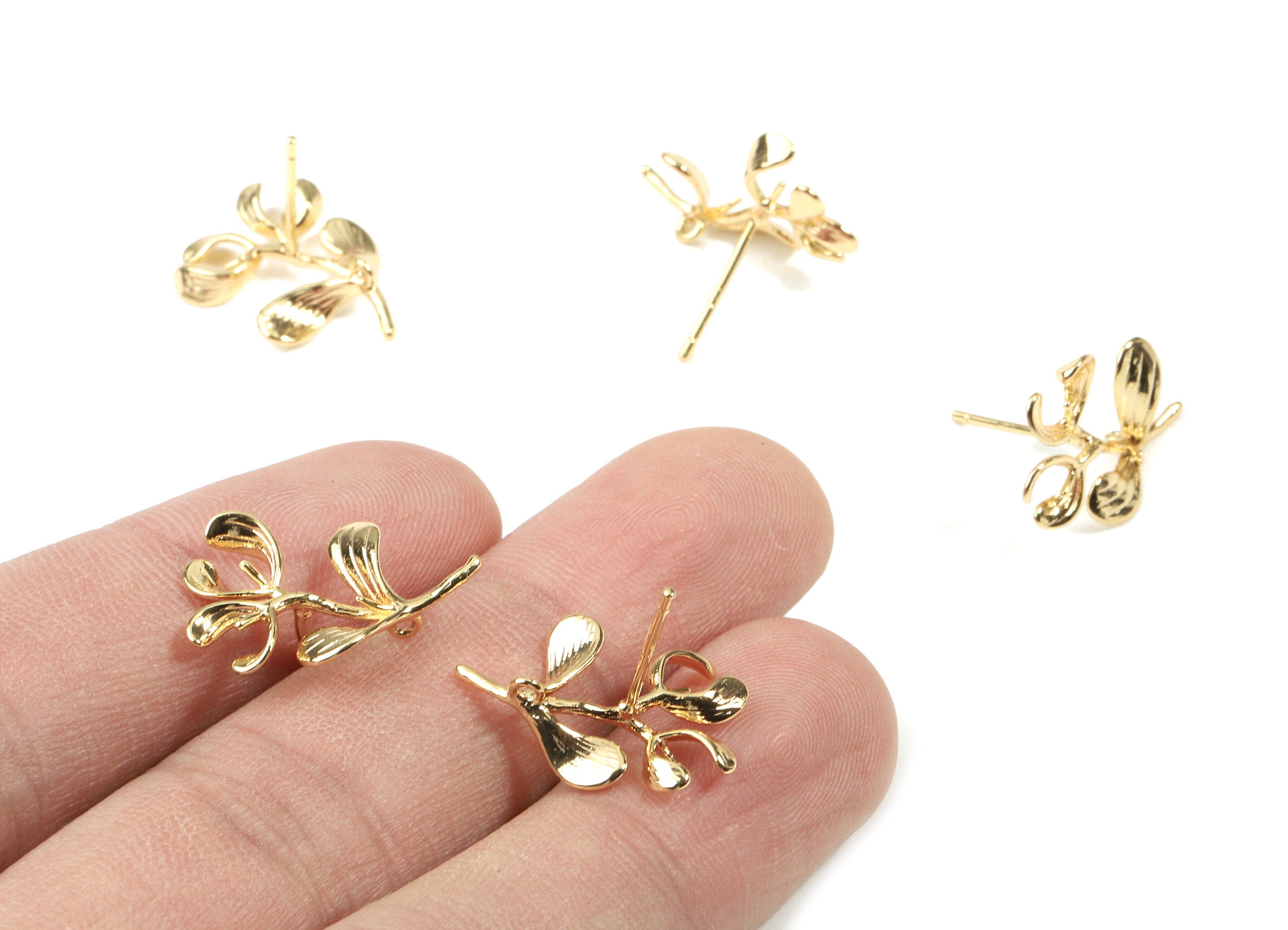Brass Flower Earring Stud With Loop - Gold Flower Earring Post - 18K Real Gold Plated Brass - Surgical Stud - 20.21x13.01x0.93mm - RGP2567 - DOMEDBAZAAR