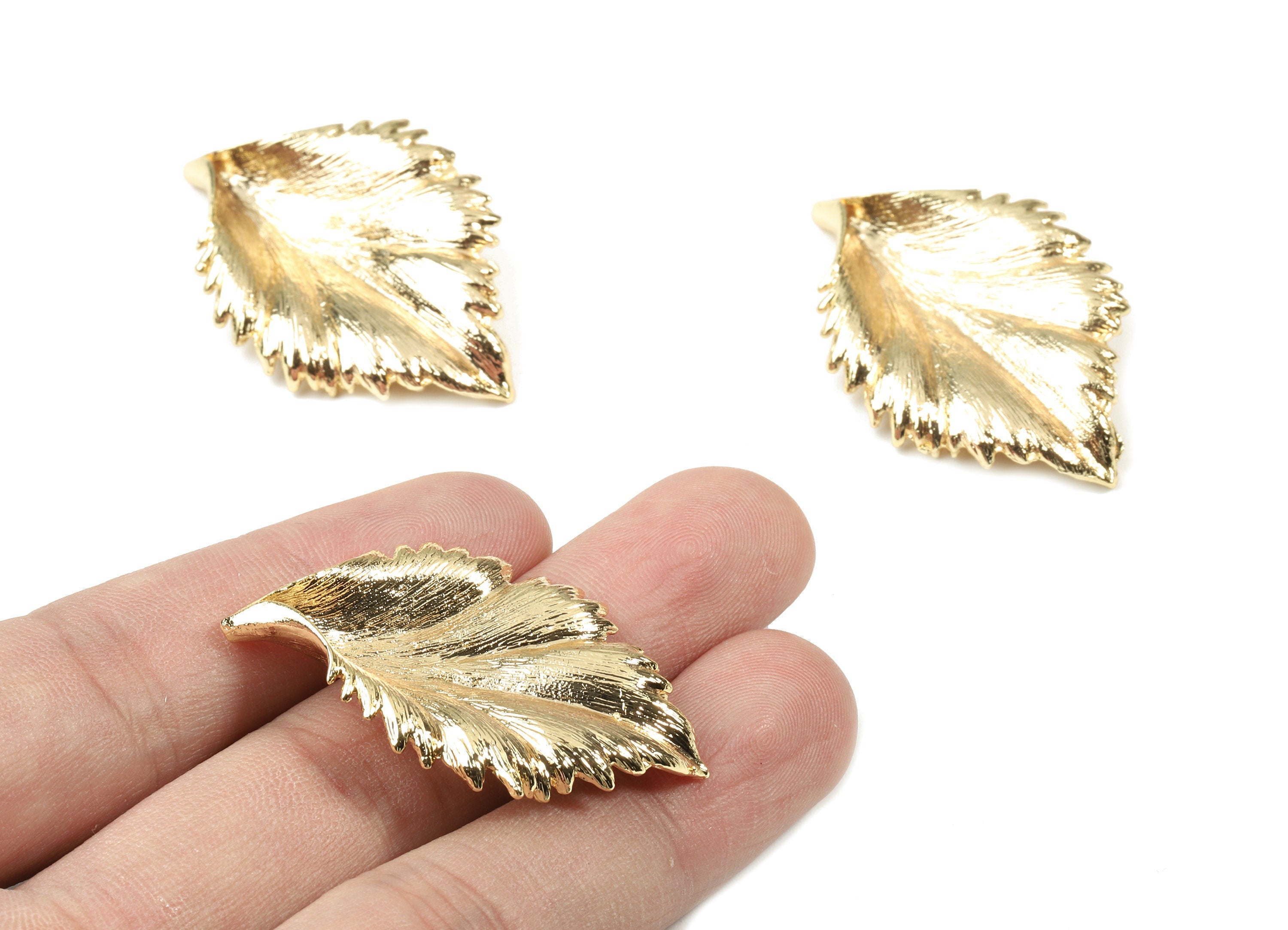 Brass Leaf Earring Charms - Gold Leaf Pendant - 18K Real Gold Plated Brass - Earring Finding - Jewelry Supplies - 43.53x28.7x2.8mm - RGP2559 - DOMEDBAZAAR