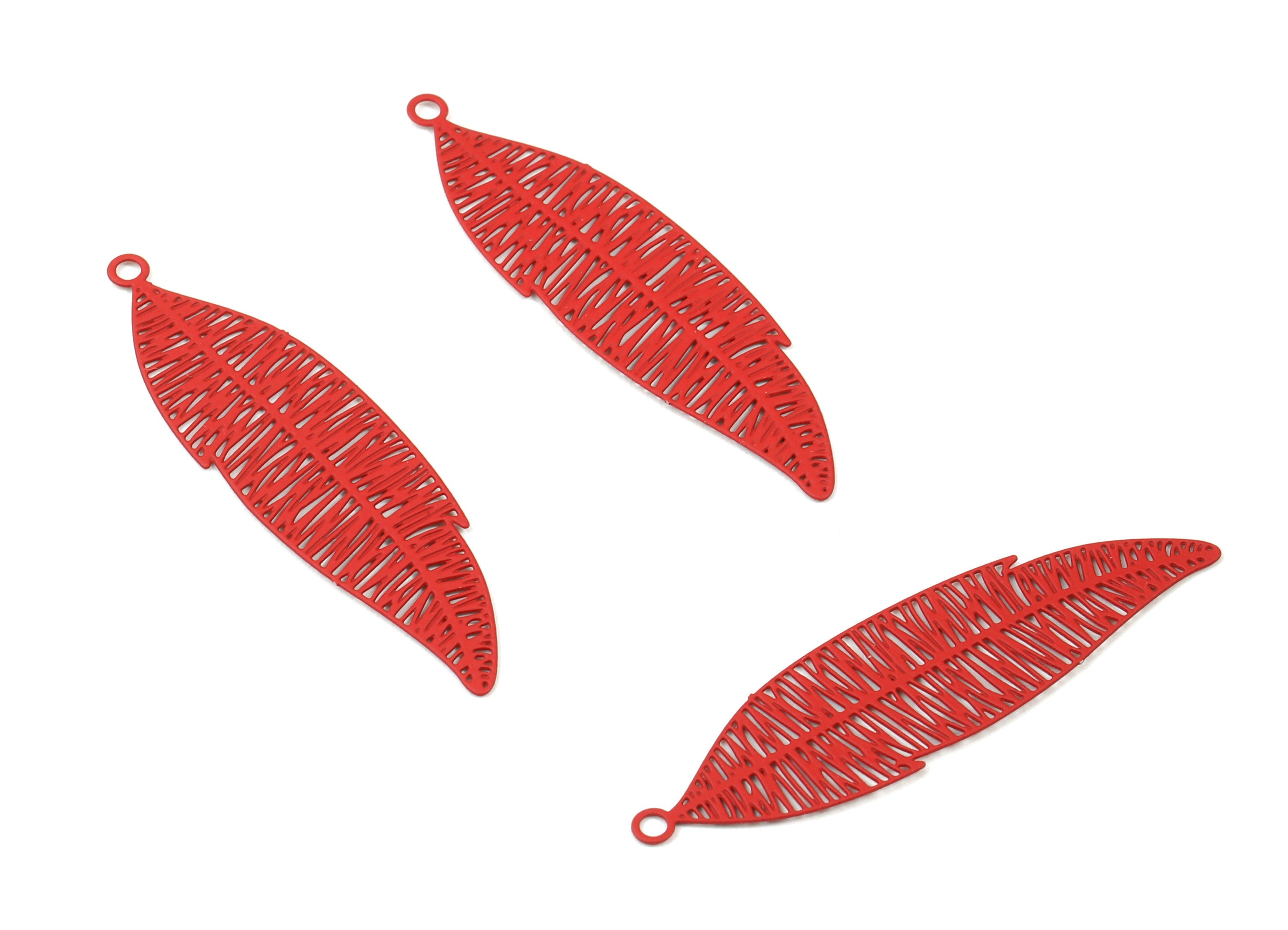 Red Feather Brass Pendant - Brass Feather For Necklace - Earring Charms - Jewelry Supplies - Color Code: J09 - 42.1x11.5x0.4mm-JJC9337-J09 - DOMEDBAZAAR