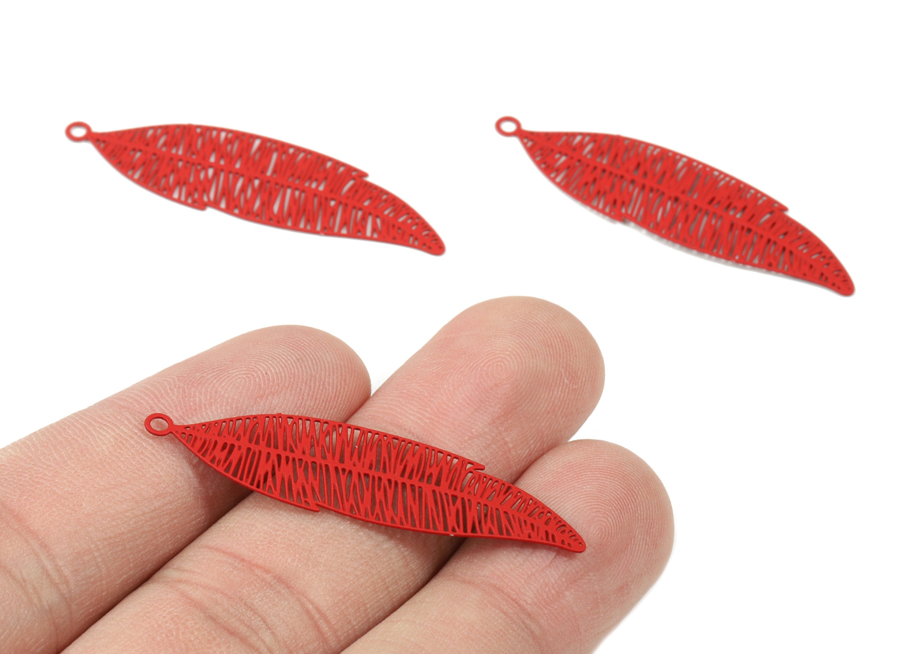 Red Feather Brass Pendant - Brass Feather For Necklace - Earring Charms - Jewelry Supplies - Color Code: J09 - 42.1x11.5x0.4mm-JJC9337-J09 - DOMEDBAZAAR