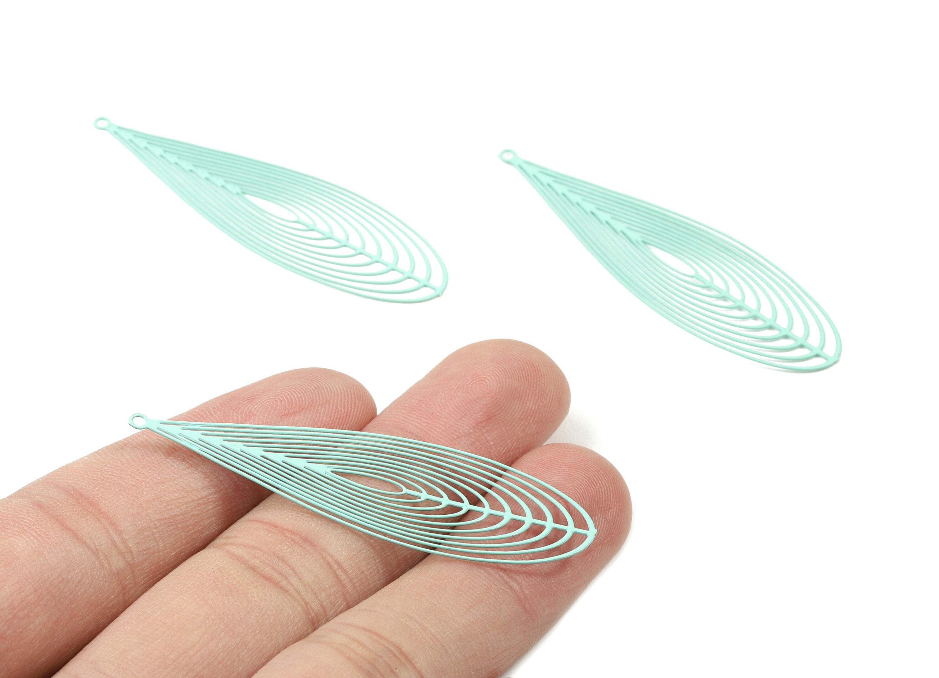 Light Green Drop Brass Pendant - Brass Drop For Necklace - Earring Charms - Color Code: J14 - 55.12x16.03x0.54mm - JJB4307-J14 - DOMEDBAZAAR