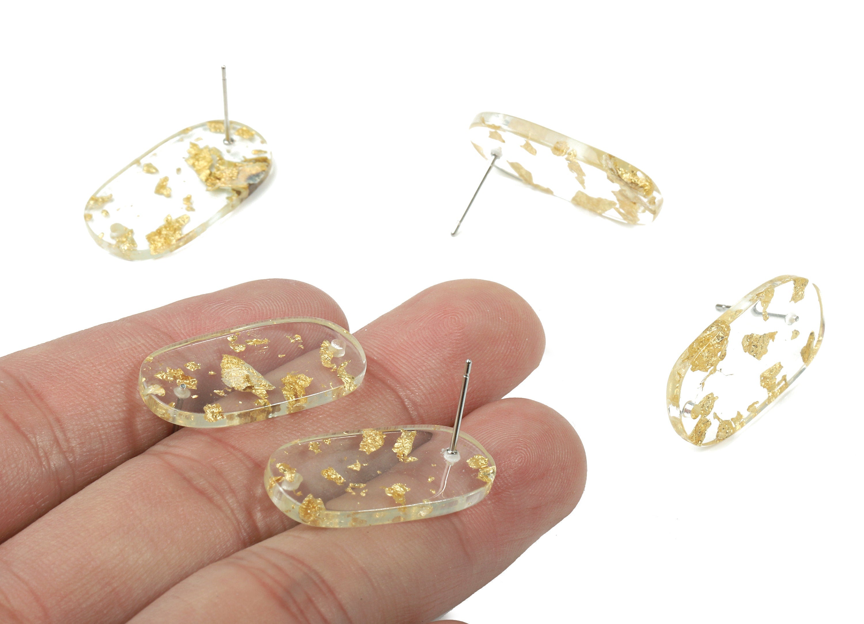 Acrylic Oval Earring Stud With Hole - Oval Connector Earring Post - Gold Foil & Confetti - Color Code: A255 - 26.2x13.95x2.6mm - AC1811-A255 - DOMEDBAZAAR