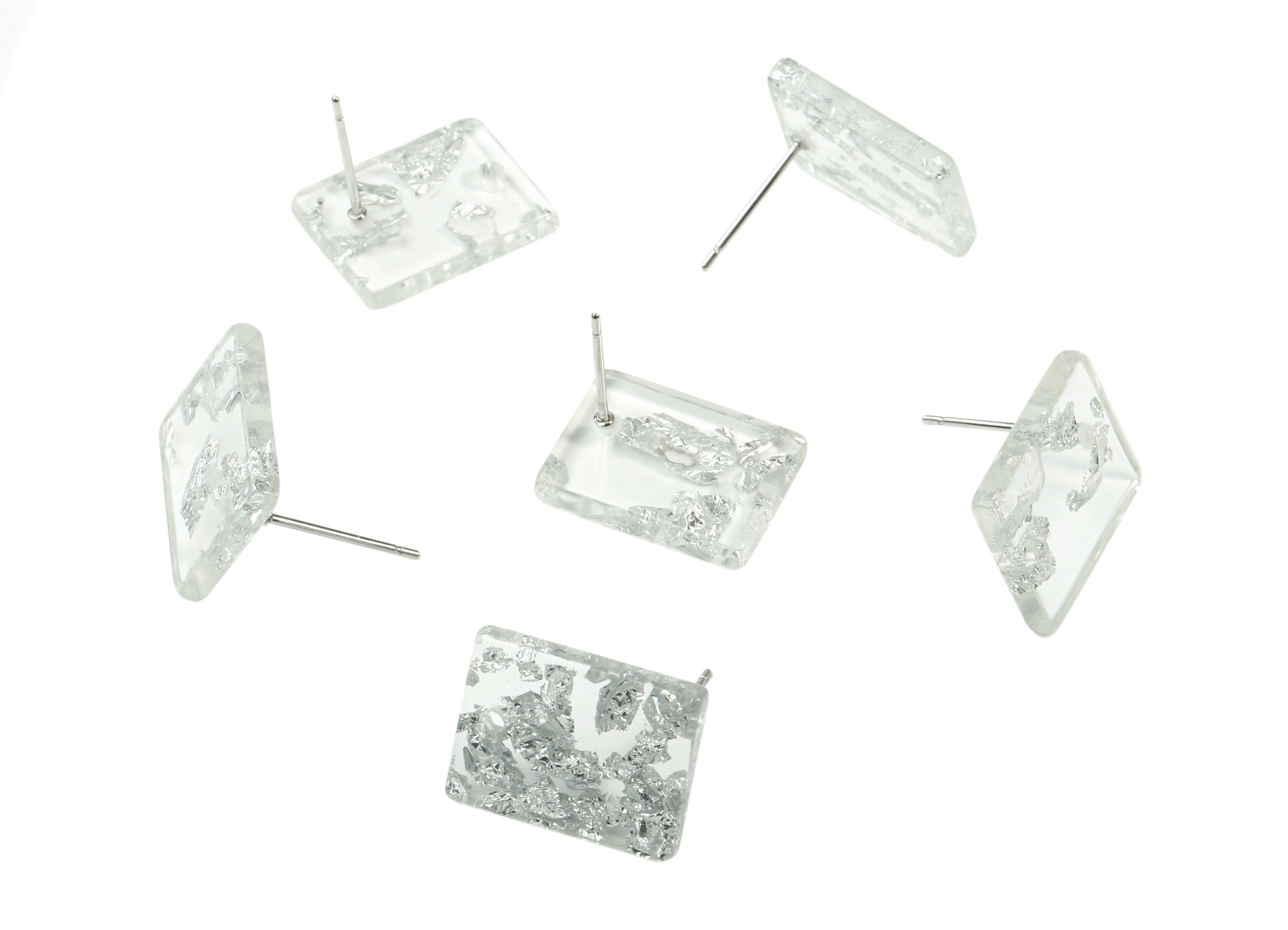 Acrylic Rectangle Earring Stud - Silver Foil & Confetti - Rectangle Connector Earring Post - Color Code: A254 - 15.4x11.7x2.5mm- AC1663-A254 - DOMEDBAZAAR