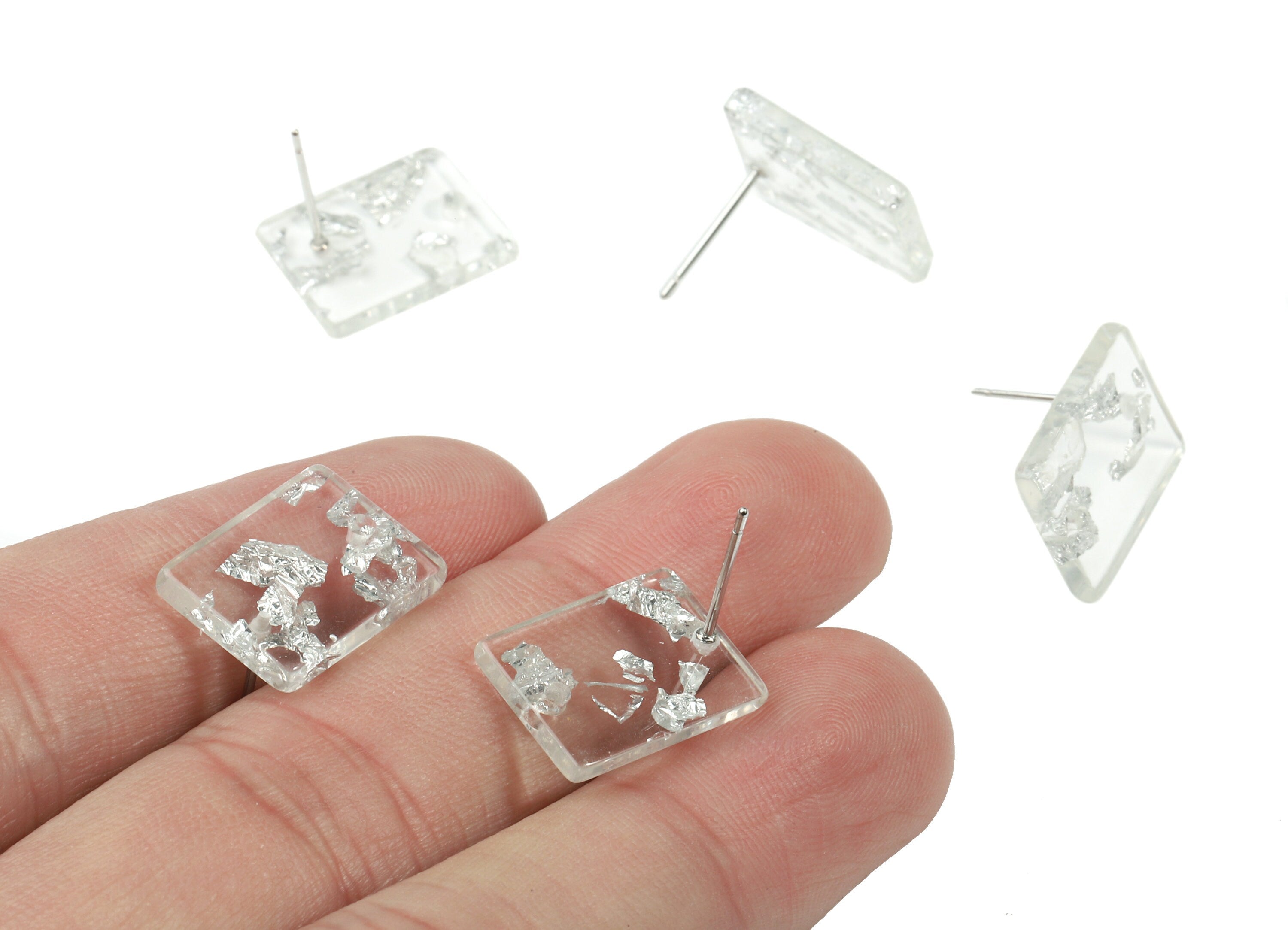 Acrylic Rectangle Earring Stud - Silver Foil & Confetti - Rectangle Connector Earring Post - Color Code: A254 - 15.4x11.7x2.5mm- AC1663-A254 - DOMEDBAZAAR