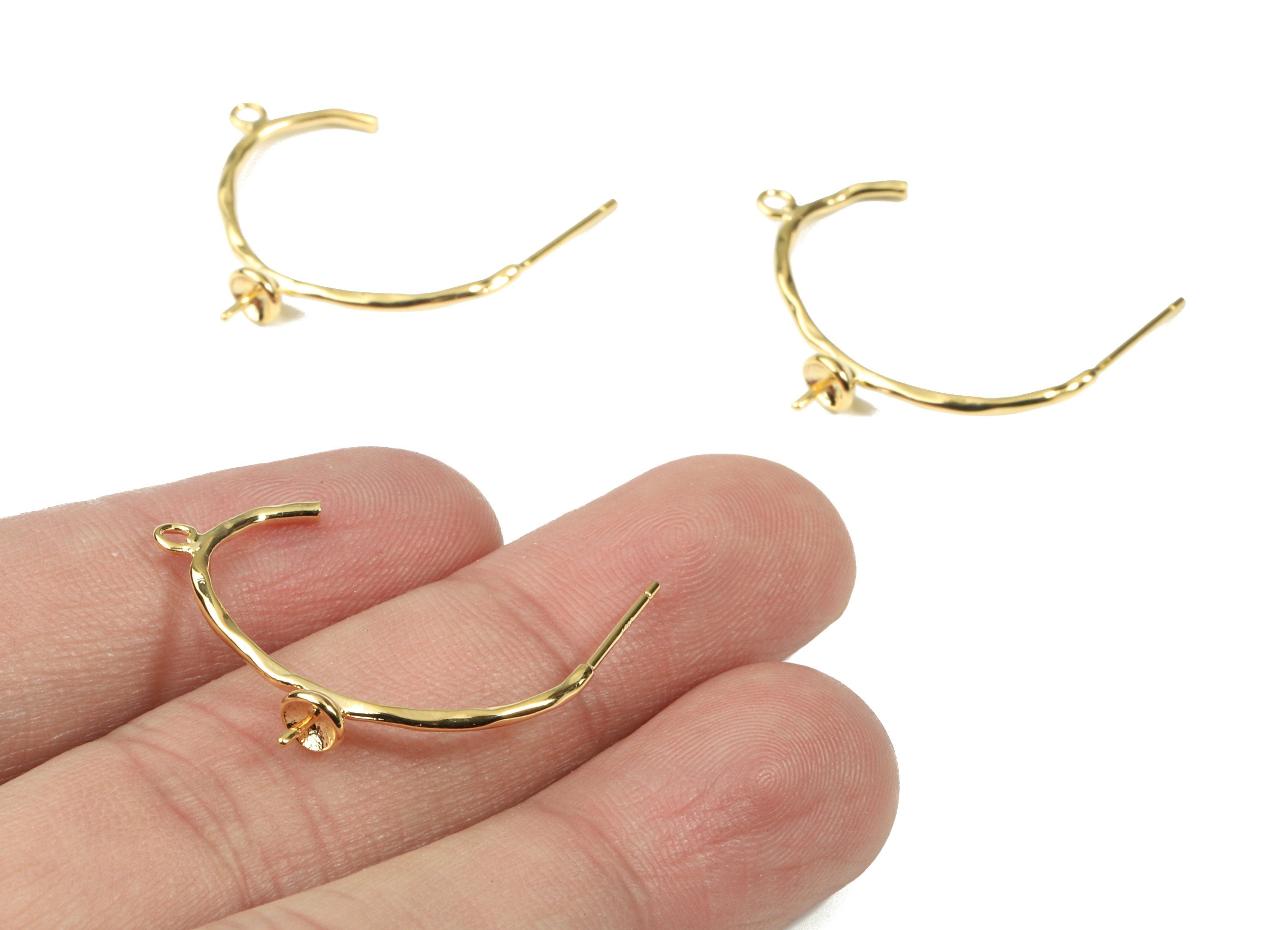 Brass Wire C Earring Stud For Pearl - Gold C Earring Post White Loop - 18K Real Gold Plated Brass - 31.13x6.66x1.49mm - RGP2584 - DOMEDBAZAAR