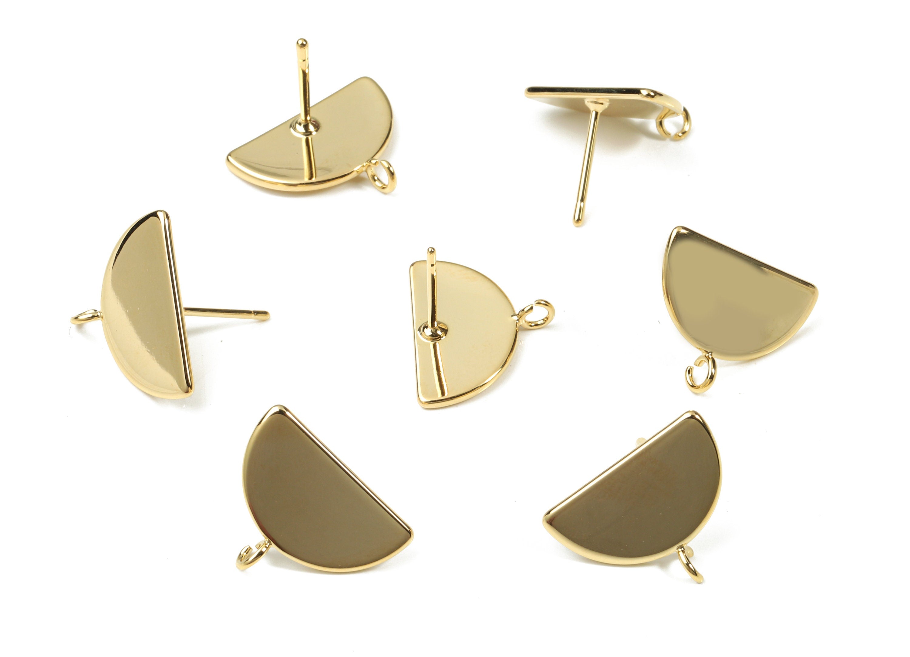 Brass Half Moon Earring Stud With Loop - Gold Semicircle Earring Post - 18K Real Gold Plated Brass - 16.29x12.52x1.26mm - RGP2574 - DOMEDBAZAAR