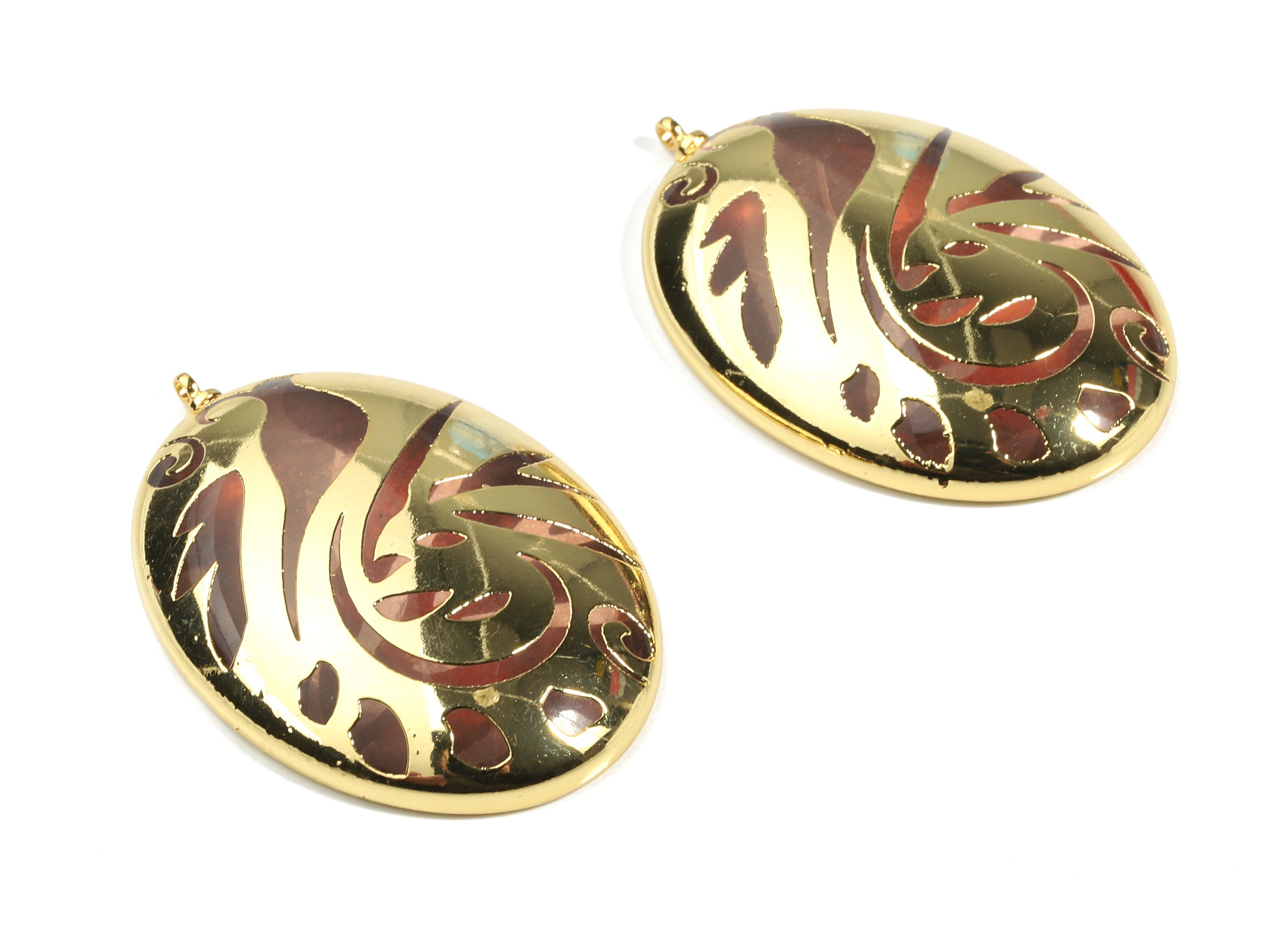 Glass Peacock Oval Pendant - 24K Gold Finished Glass Charms - Copper and Glass Peacock Charm - 43.54x30.04x8.02mm - GS1033G - DOMEDBAZAAR