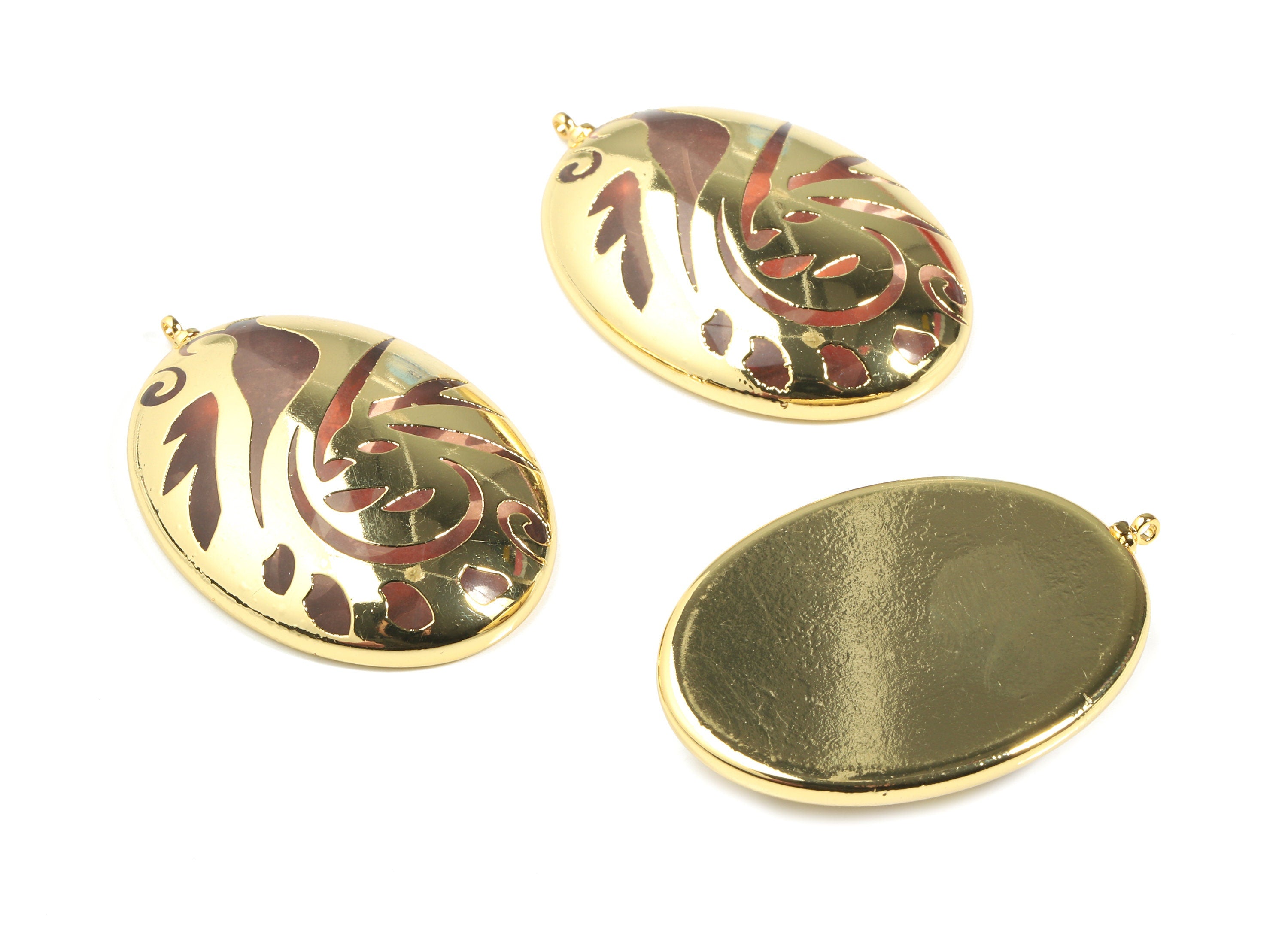 Glass Peacock Oval Pendant - 24K Gold Finished Glass Charms - Copper and Glass Peacock Charm - 43.54x30.04x8.02mm - GS1033G - DOMEDBAZAAR