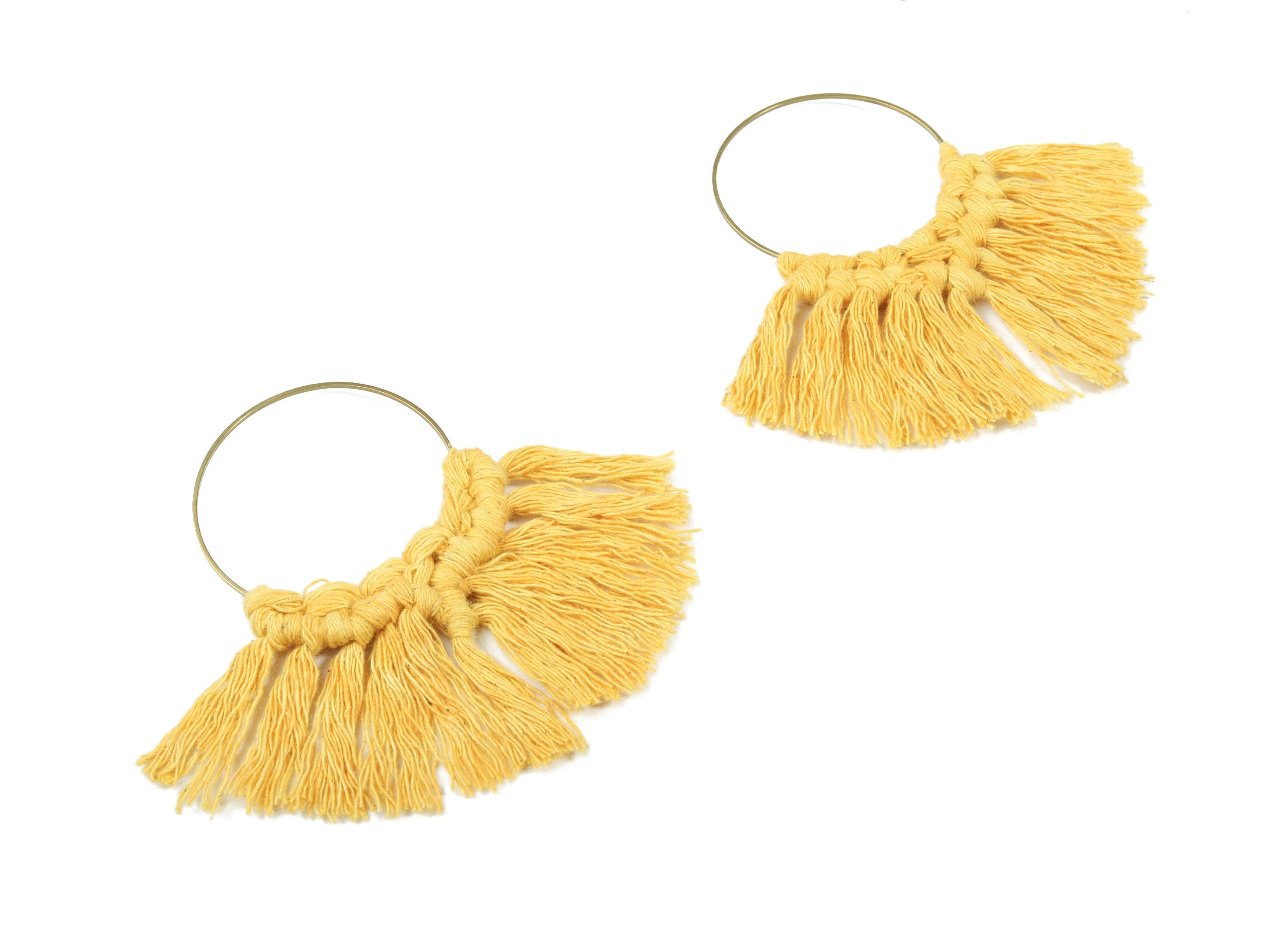 Macrame Earring Charms - Handmade Cotton Fan Tassel Earrings - Fringe Earrings - Raw Brass Hoop - Luxe Tassel - 115x95x6.42mm - TS1132-48 - DOMEDBAZAAR