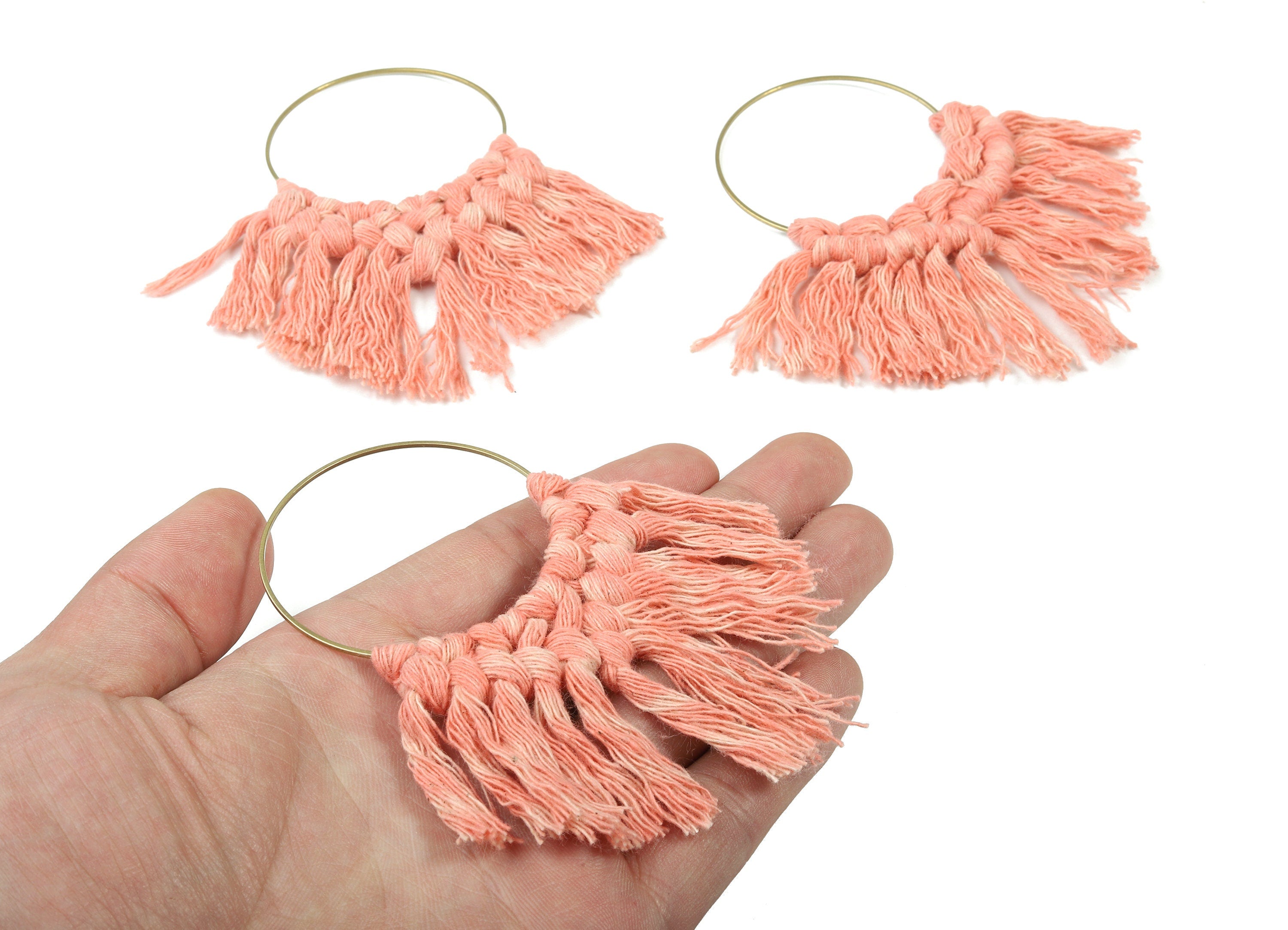 Macrame Earring Charms - Handmade Cotton Fan Tassel Earrings - Fringe Earrings - Raw Brass Hoop - Luxe Tassel - 115x95x6.42mm - TS1132-58 - DOMEDBAZAAR