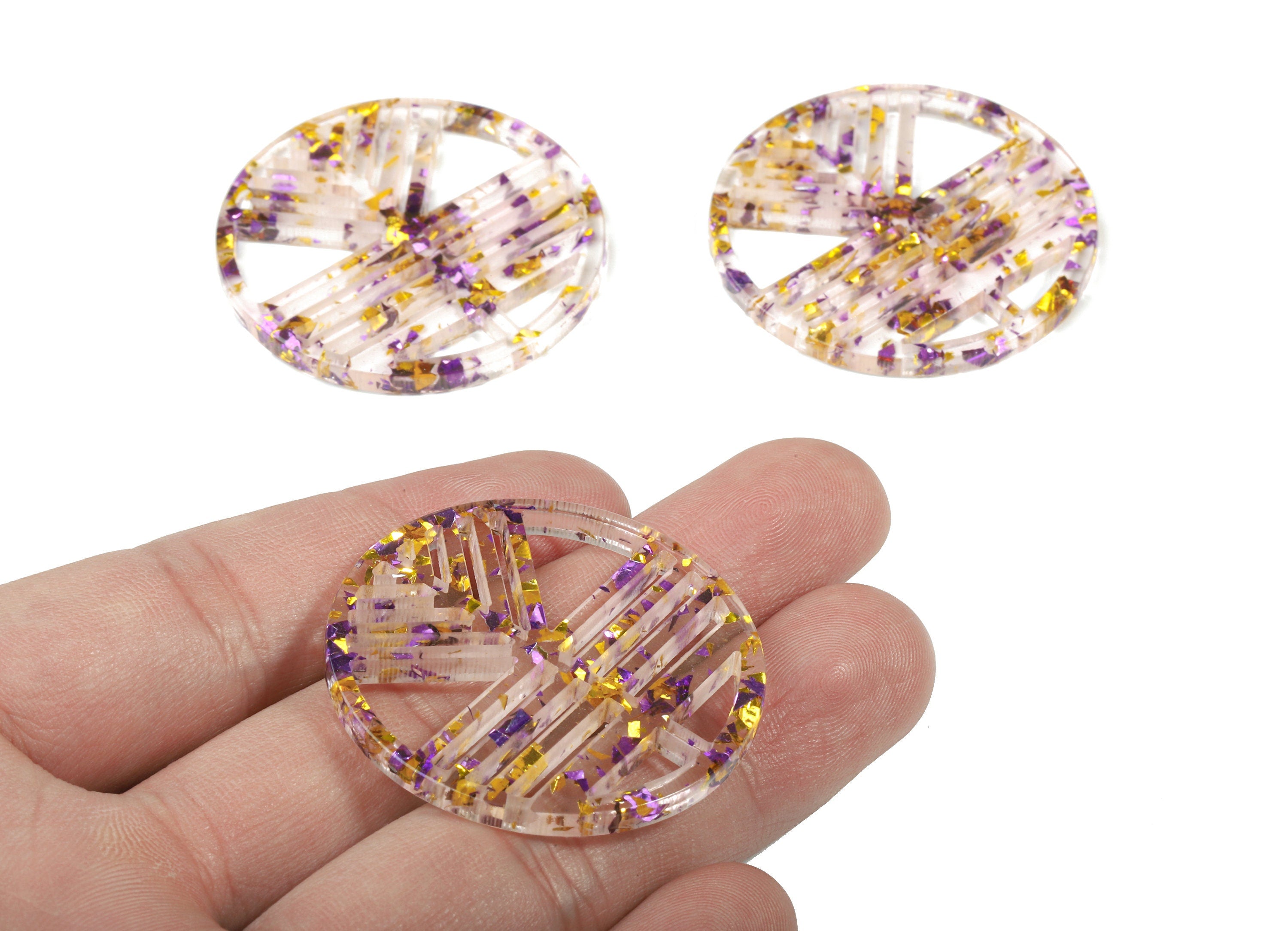 Acrylic Geometric Charms - Round Earring Charm - Purple & Gold Confetti - Jewelry Supplies - Color Code:A388 - 39.5x39.5x2.9mm - AC1820-A388 - DOMEDBAZAAR