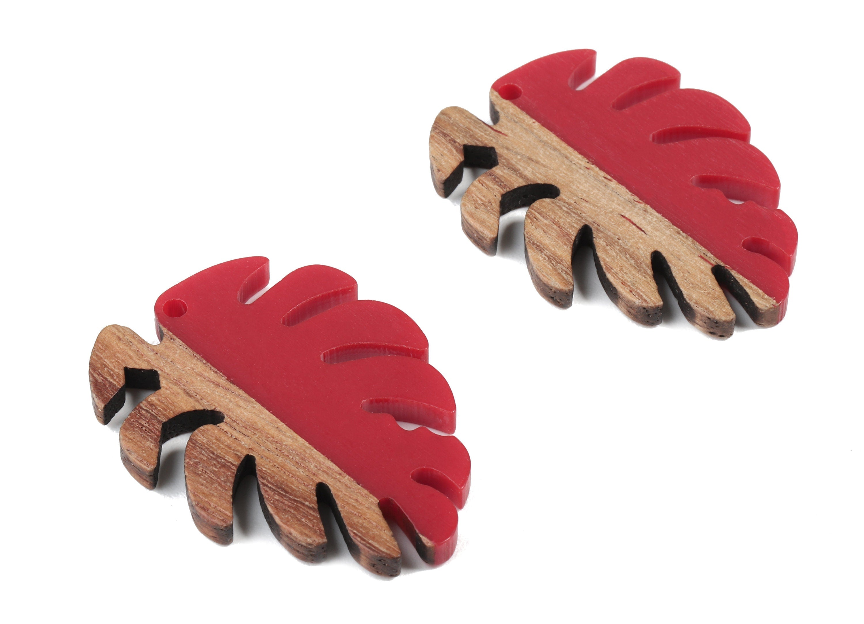 Epoxy Redwood Monstera Charm - Epoxy Resin Wood Leaf Pendant - Redwood and Resin Necklace - Jewelry Supplies - 38.26x29.06x3.67mm - BB1095J - DOMEDBAZAAR