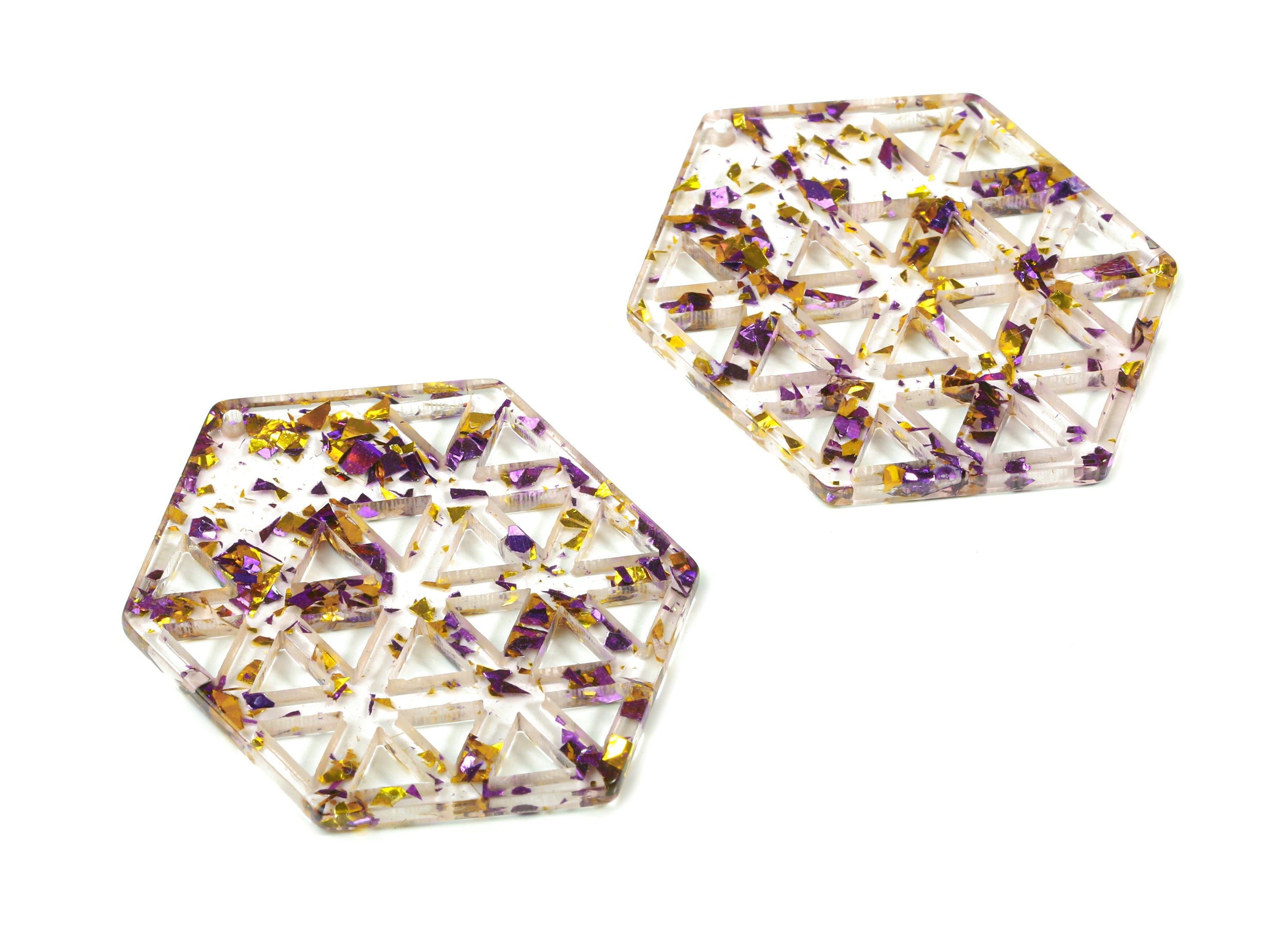 Acrylic Hexagon Earring Charm - Honeycomb Pendant - Purple & Gold Confetti - Color Code:A388 - 52.67x39.61x2.82mm - AC1821-A388 - DOMEDBAZAAR