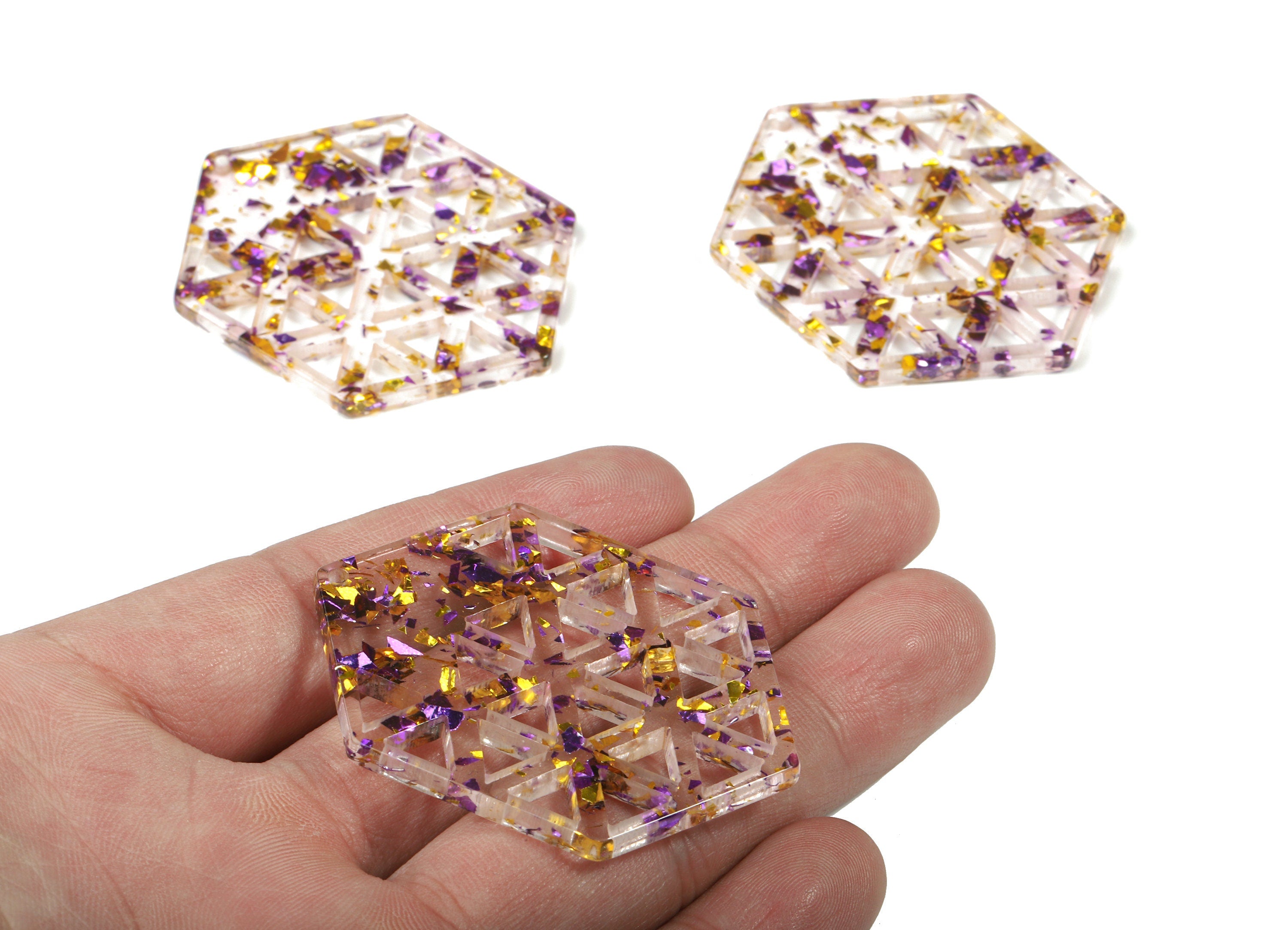 Acrylic Hexagon Earring Charm - Honeycomb Pendant - Purple & Gold Confetti - Color Code:A388 - 52.67x39.61x2.82mm - AC1821-A388 - DOMEDBAZAAR