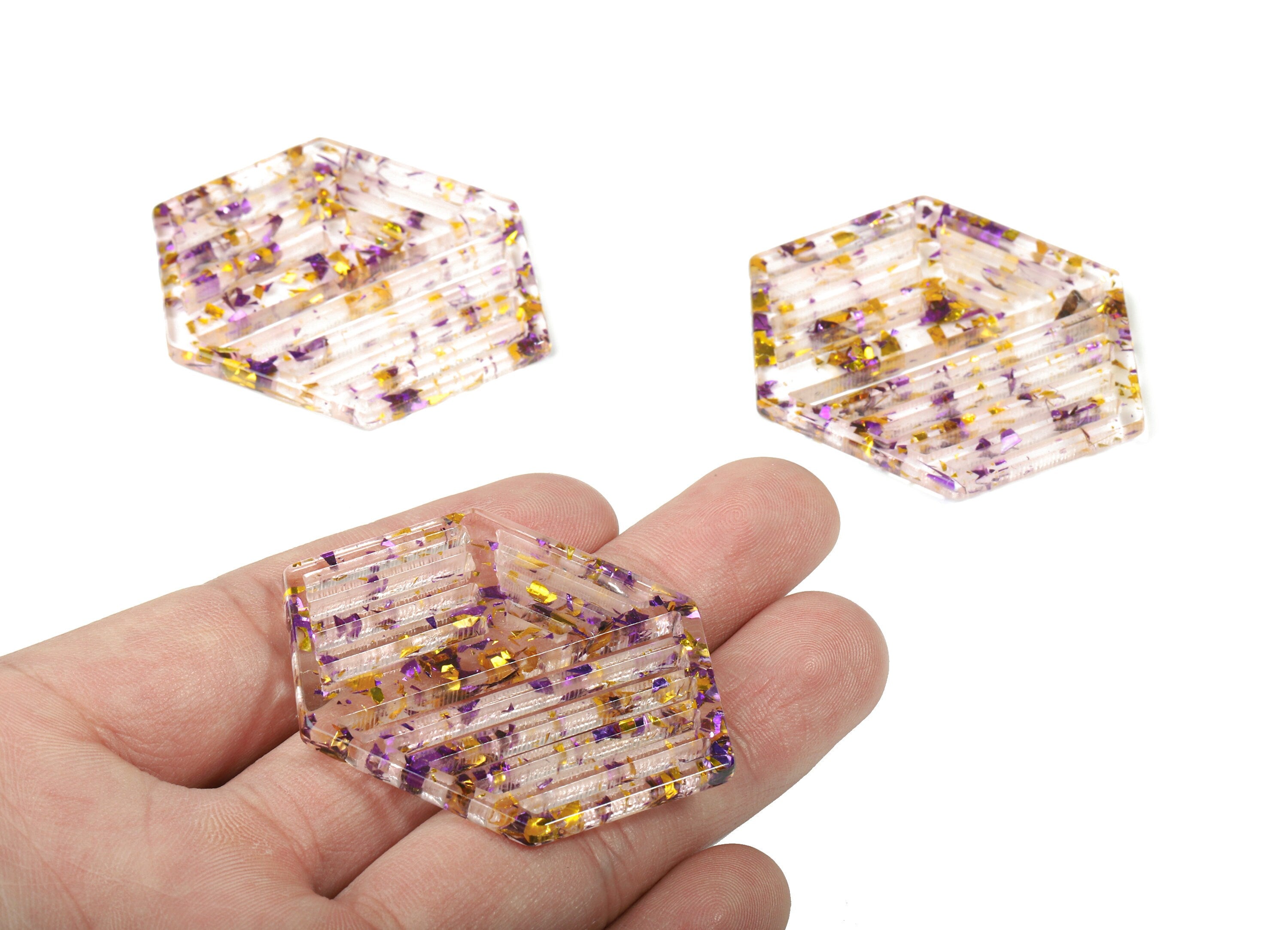 Acrylic Hexagon Earring Charm - Hexagon Pendant - Purple & Gold Confetti - Color Code:A388 - 52.67x39.61x2.82mm - AC1822-A388 - DOMEDBAZAAR