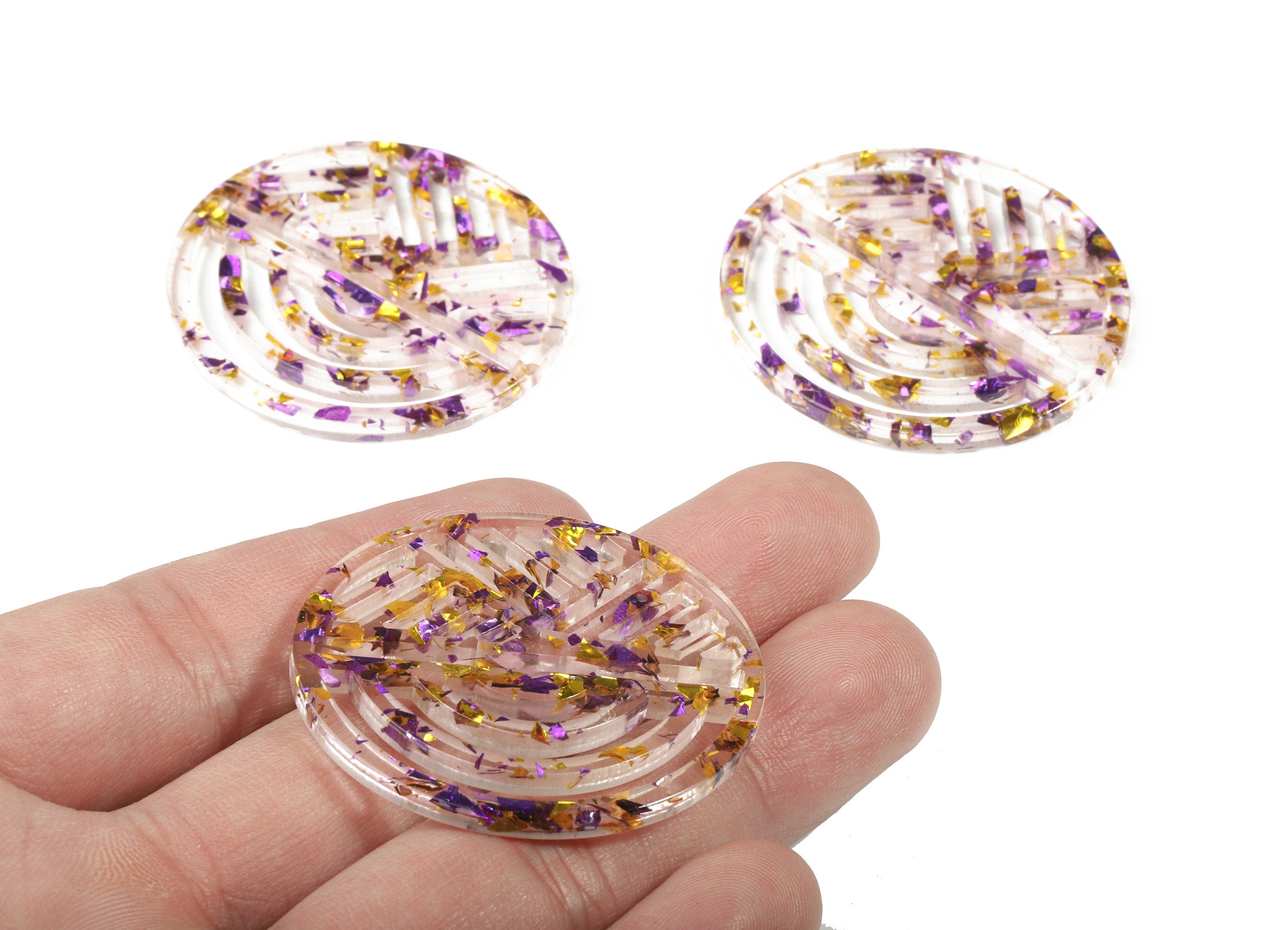 Acrylic Oval Earring Charms - Geometric Pendant - Purple & Gold Confetti - Color Code:A388 - 42.61x39.62x2.77mm - AC1824-A388 - DOMEDBAZAAR