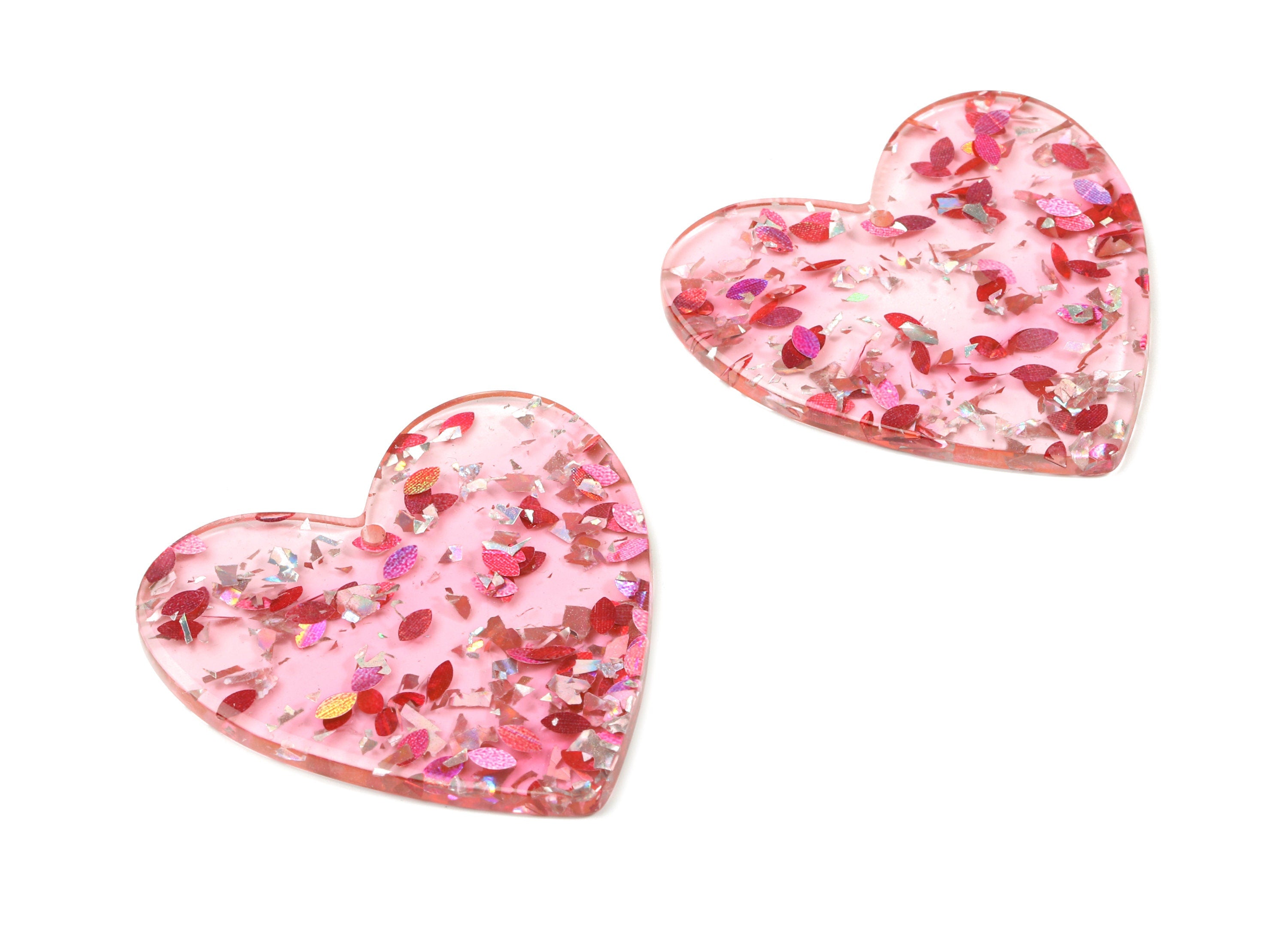 Acrylic Heart Earring Charms - Heart Pendant - Silver Pink Foil and Confetti - Color Code: A437- 41.69x42.67x2.77mm - AC1746-A437 - DOMEDBAZAAR