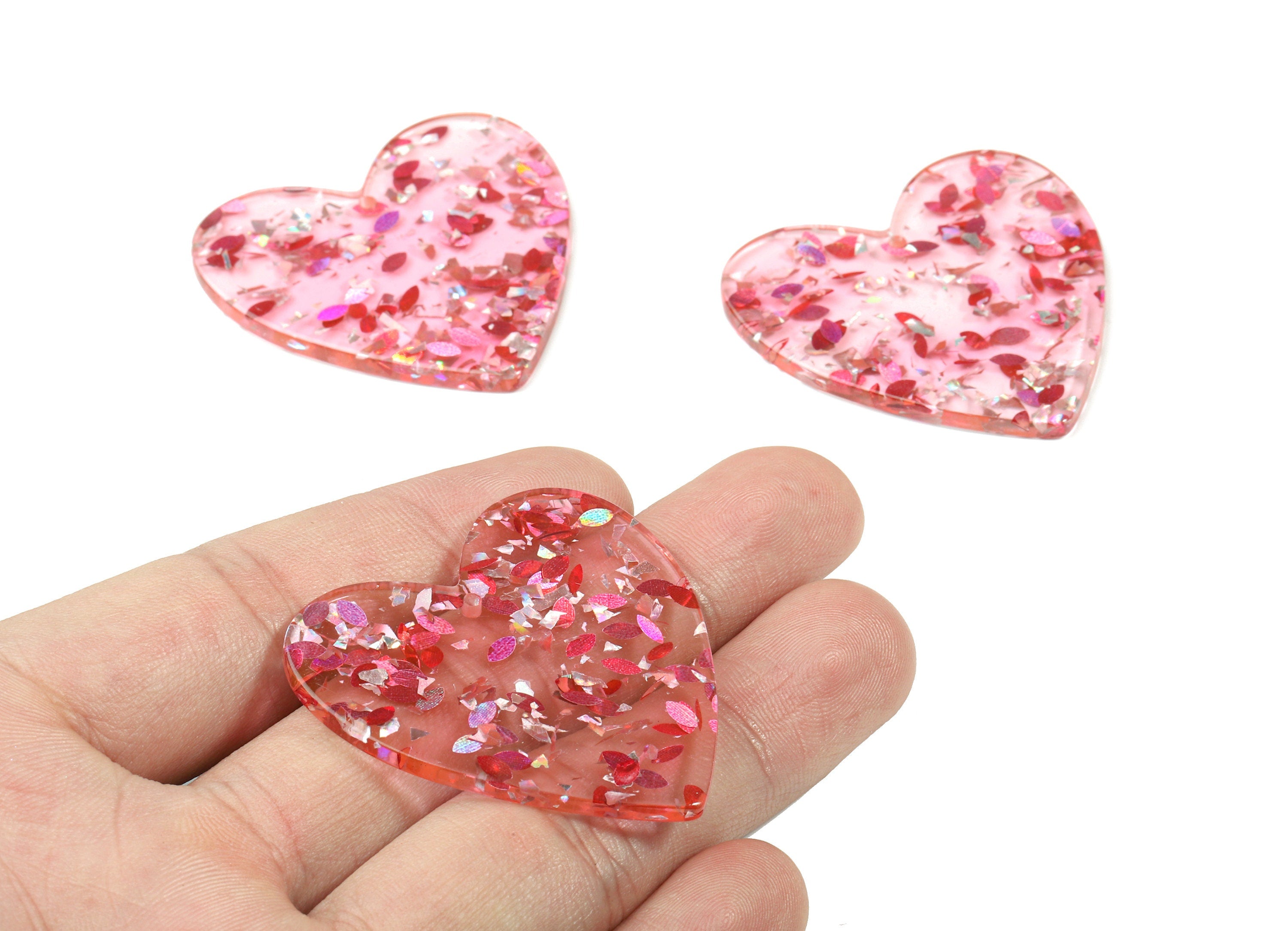 Acrylic Heart Earring Charms - Heart Pendant - Silver Pink Foil and Confetti - Color Code: A437- 41.69x42.67x2.77mm - AC1746-A437 - DOMEDBAZAAR