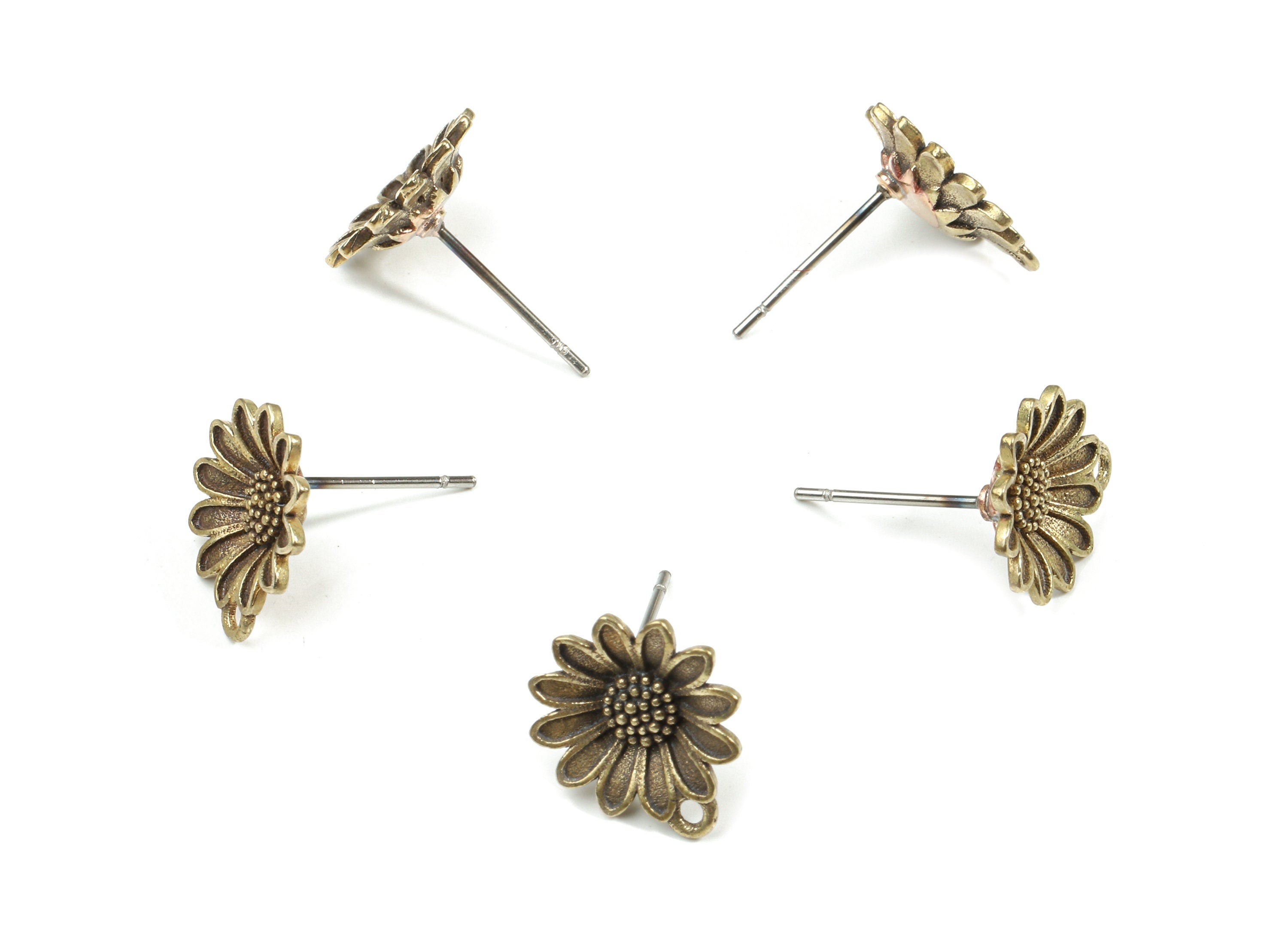Brass Daisy Earring Stud With Loop - Raw Brass Daisy Earring Post - Steel Stud - Earring Post - Jewelry Supplies - 12.96x11.4x2.1mm - PP3212 - DOMEDBAZAAR