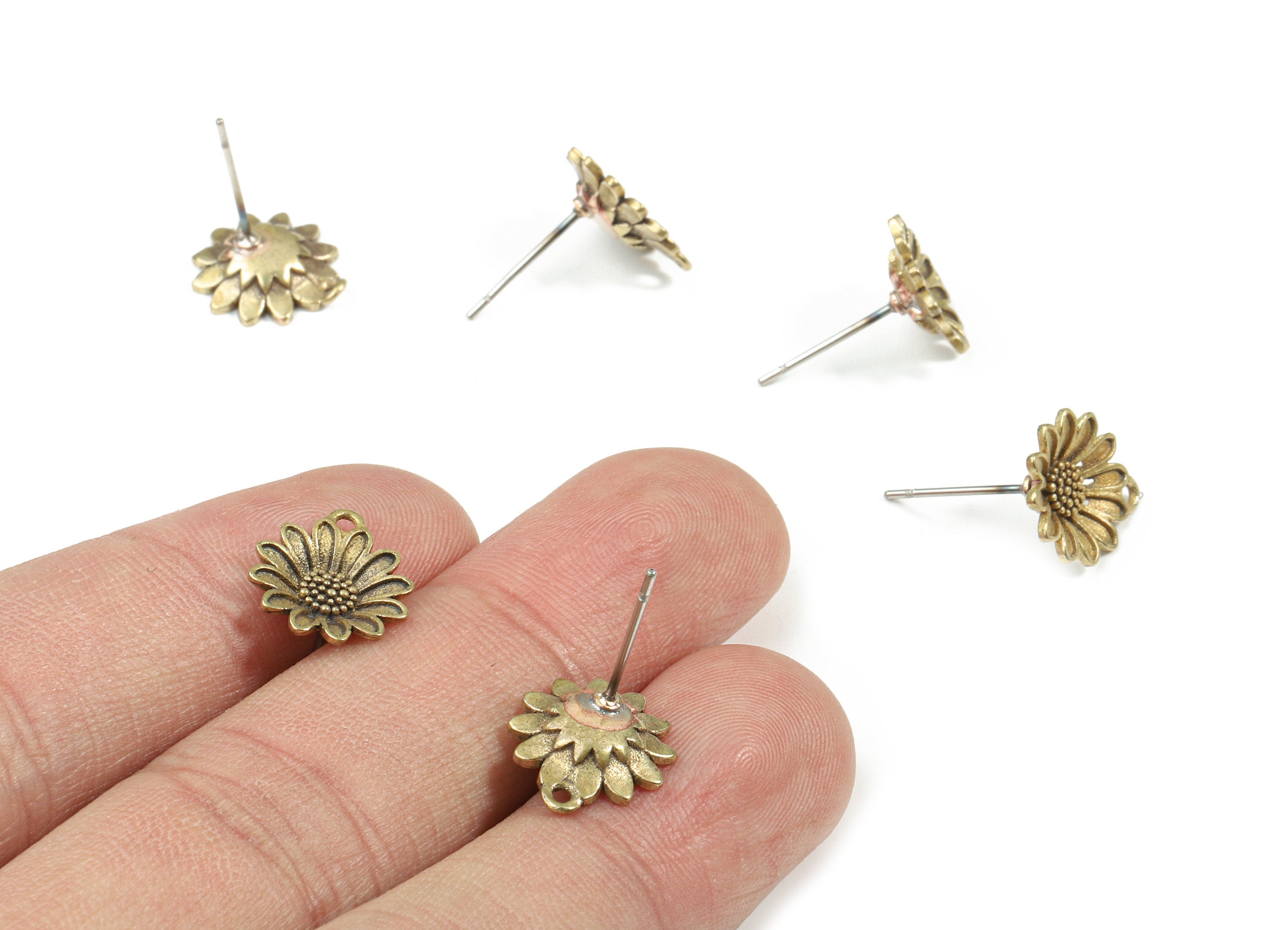 Brass Daisy Earring Stud With Loop - Raw Brass Daisy Earring Post - Steel Stud - Earring Post - Jewelry Supplies - 12.96x11.4x2.1mm - PP3212 - DOMEDBAZAAR
