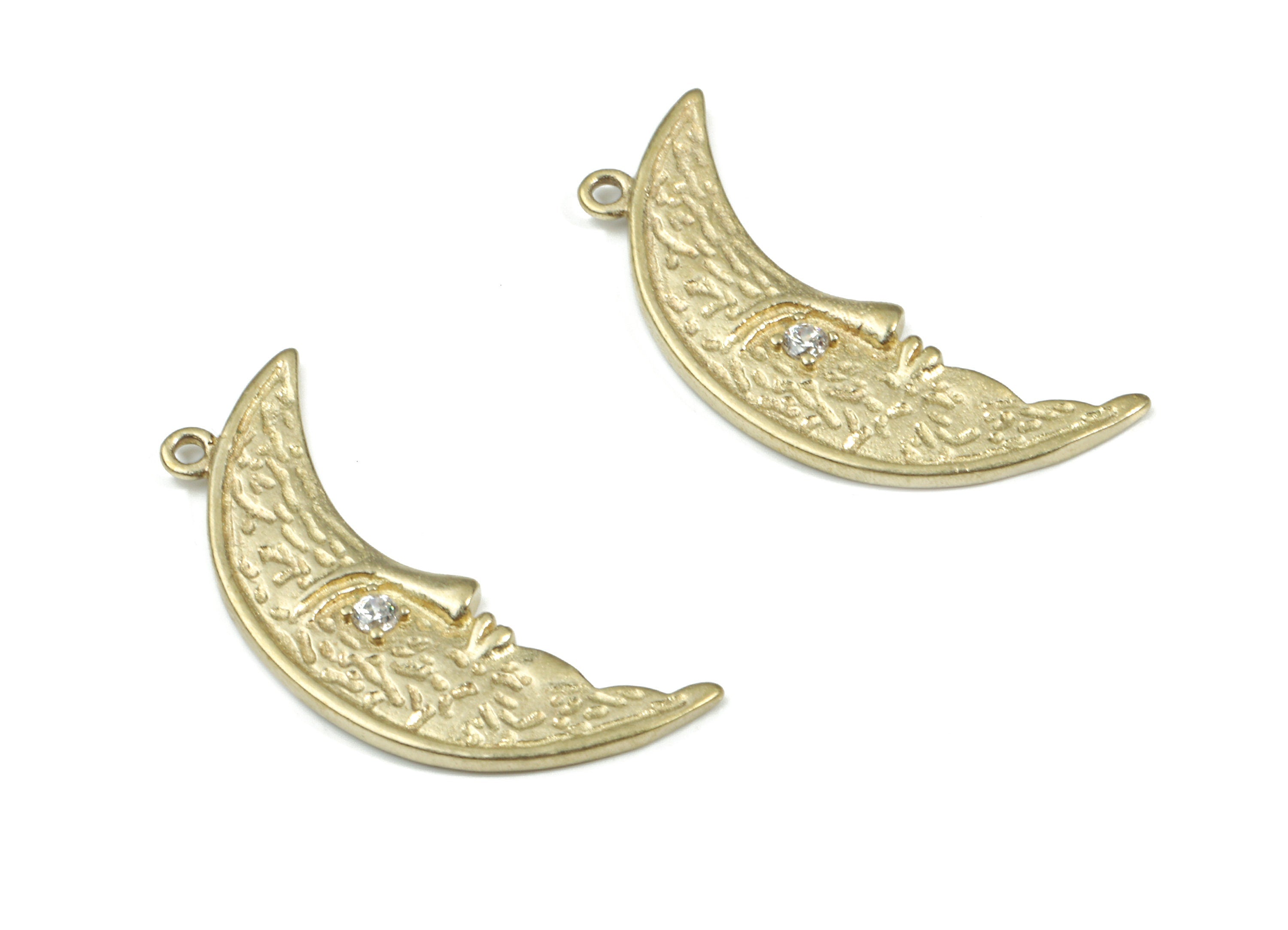 Brass Crescent Pendant - Raw Brass Moon Face Earring Charm With Zircon - Earring Findings - Jewellery Supplies - 25.62x9.14x1.78mm - PP3215 - DOMEDBAZAAR