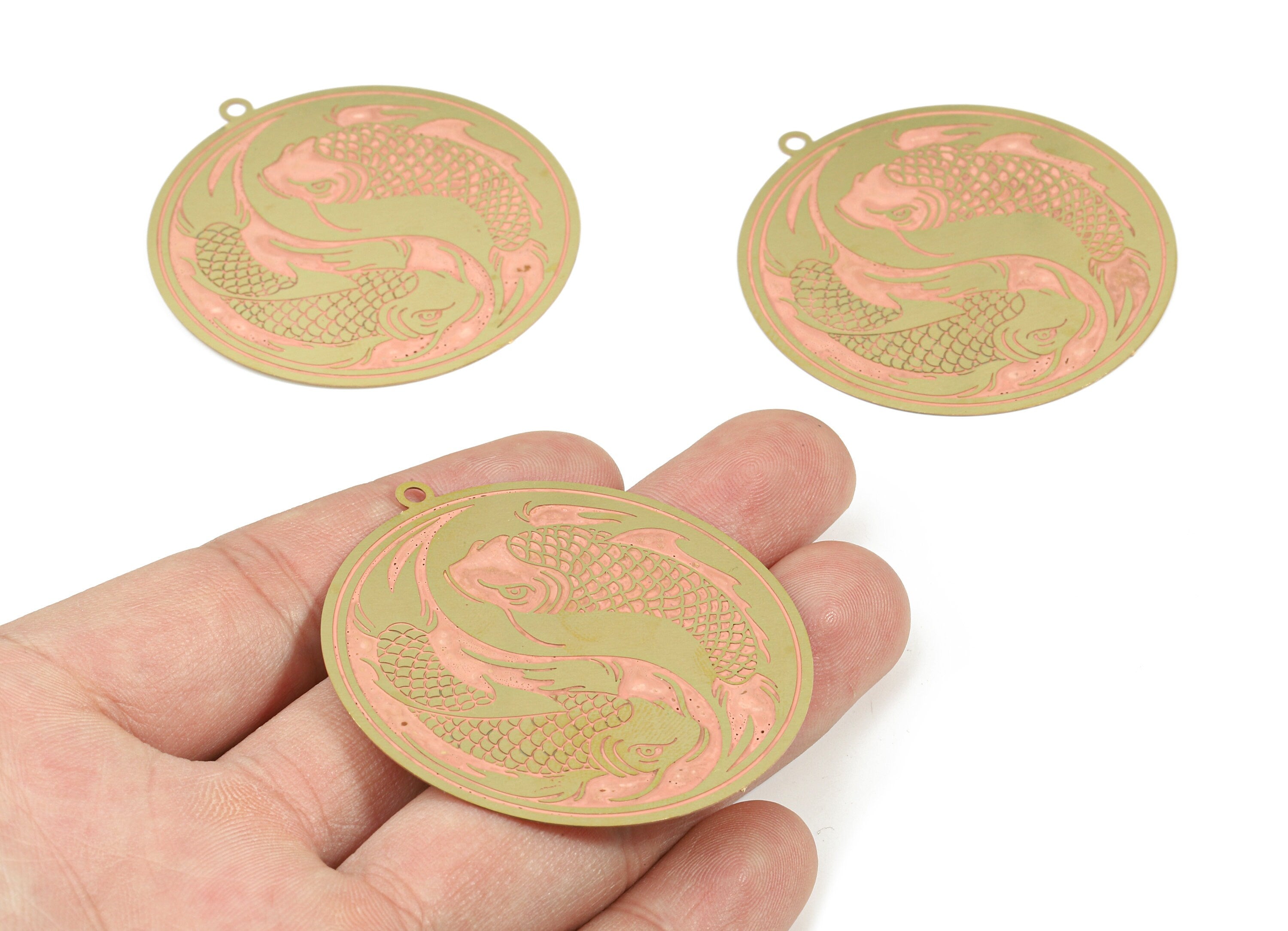 Brass Carp Earring Charms - Raw Brass Carp Round Pendant - Earring Findings - Jewelry Supplies - 53x50x0.3mm - JJA4578 - DOMEDBAZAAR