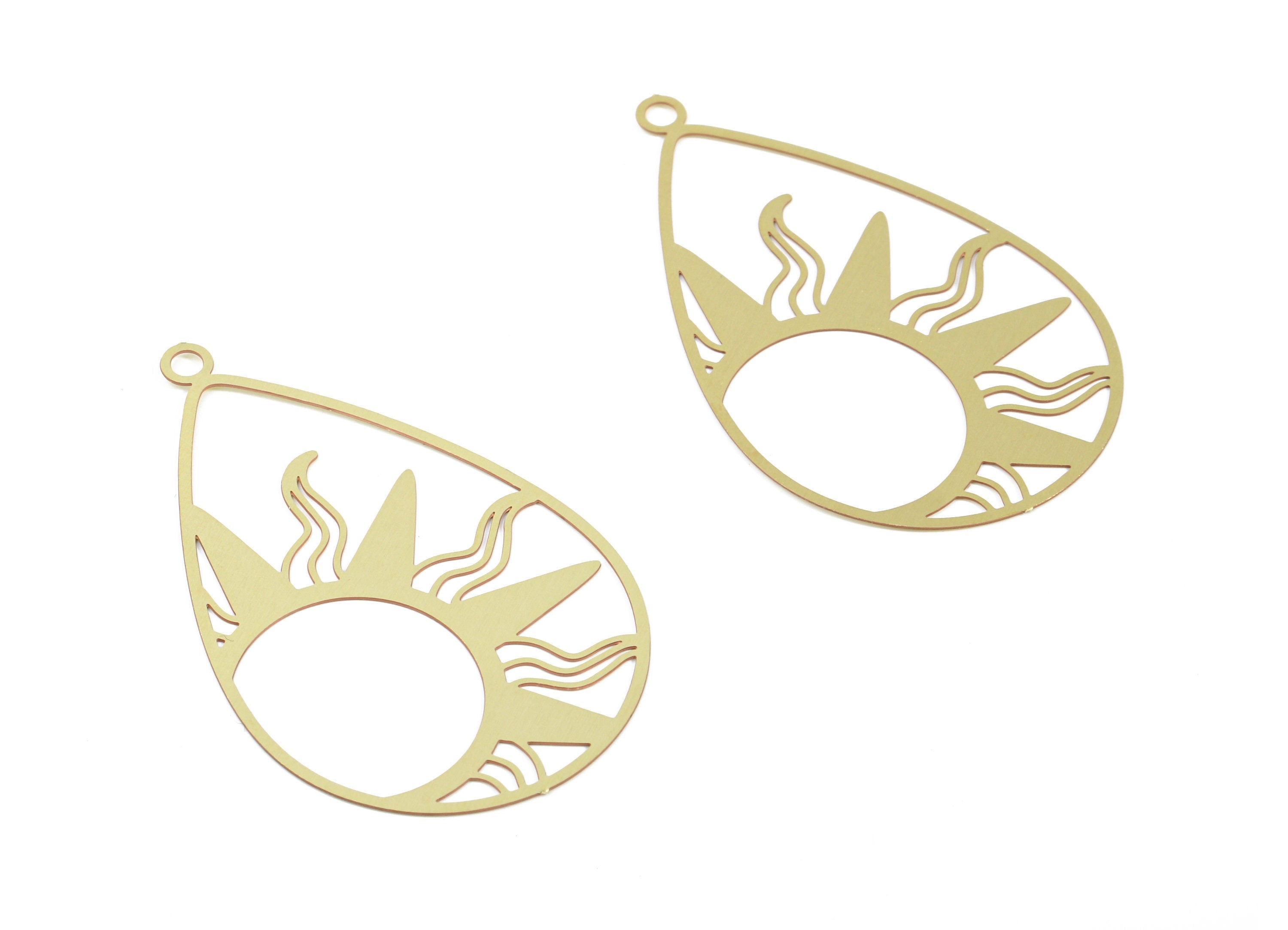 Brass Drop Sun Earring Charms - Raw Brass Sun Drop Pendant - Earring Findings - Jewelry Supplies - 47.2x29.66x0.3mm - JJB5865 - DOMEDBAZAAR