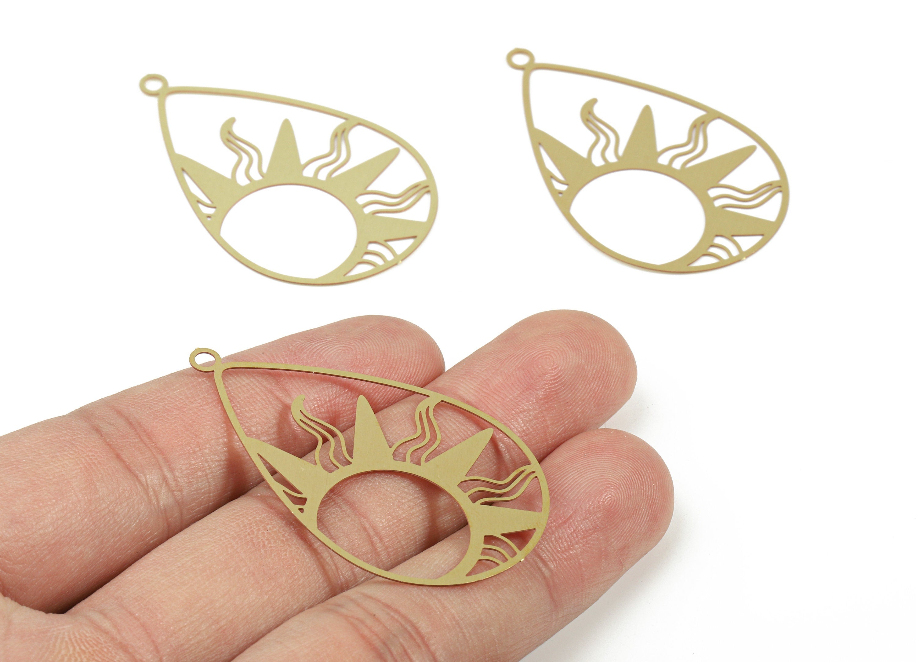 Brass Drop Sun Earring Charms - Raw Brass Sun Drop Pendant - Earring Findings - Jewelry Supplies - 47.2x29.66x0.3mm - JJB5865 - DOMEDBAZAAR